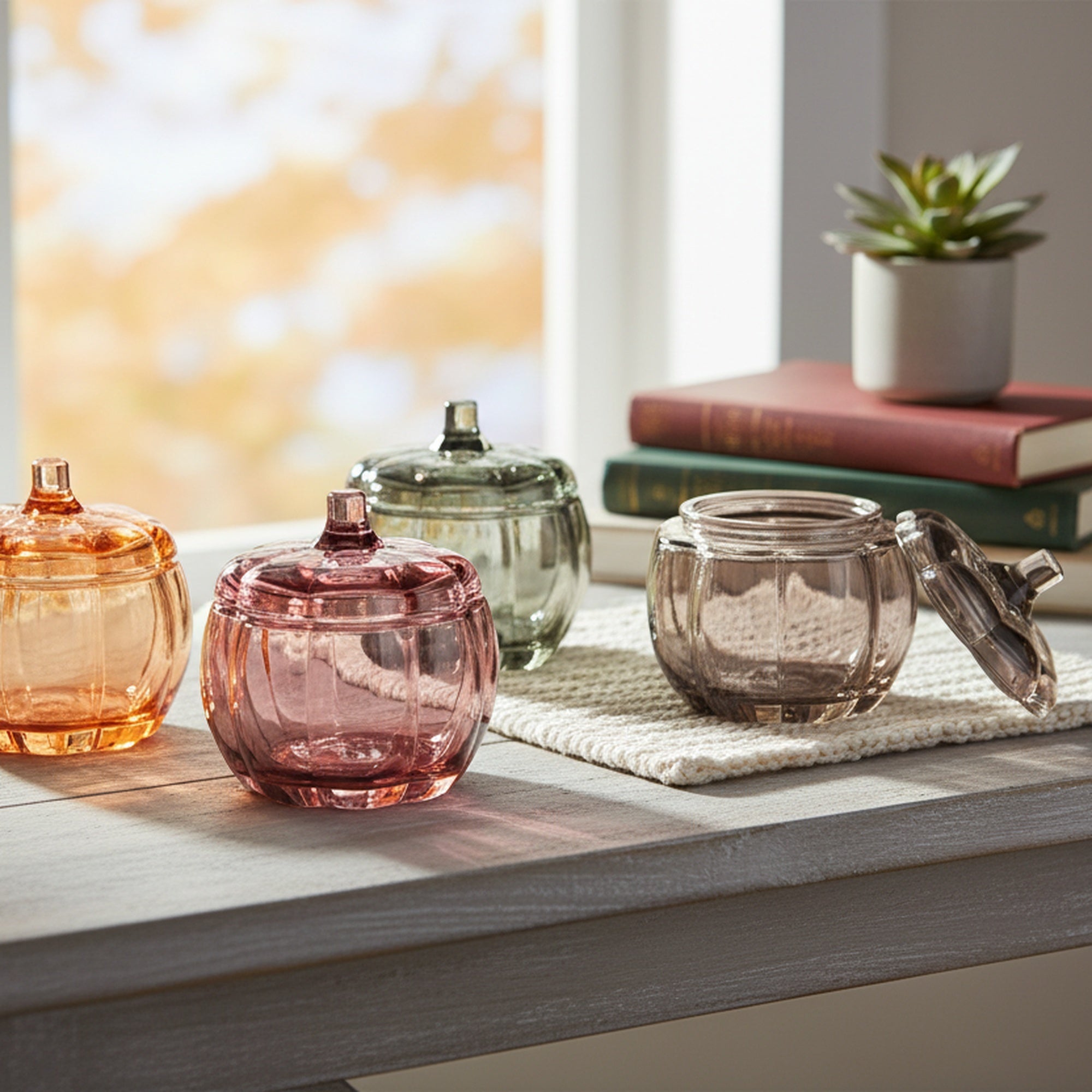 Glass Pumpkin Tealight Holder Assorted, Fall Harvest, Candle Holder, Holiday Decor- Set of 4