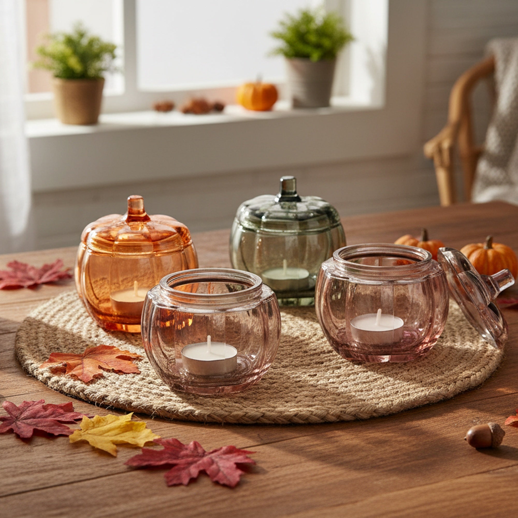 Glass Pumpkin Tealight Holder Assorted, Fall Harvest, Candle Holder, Holiday Decor- Set of 4
