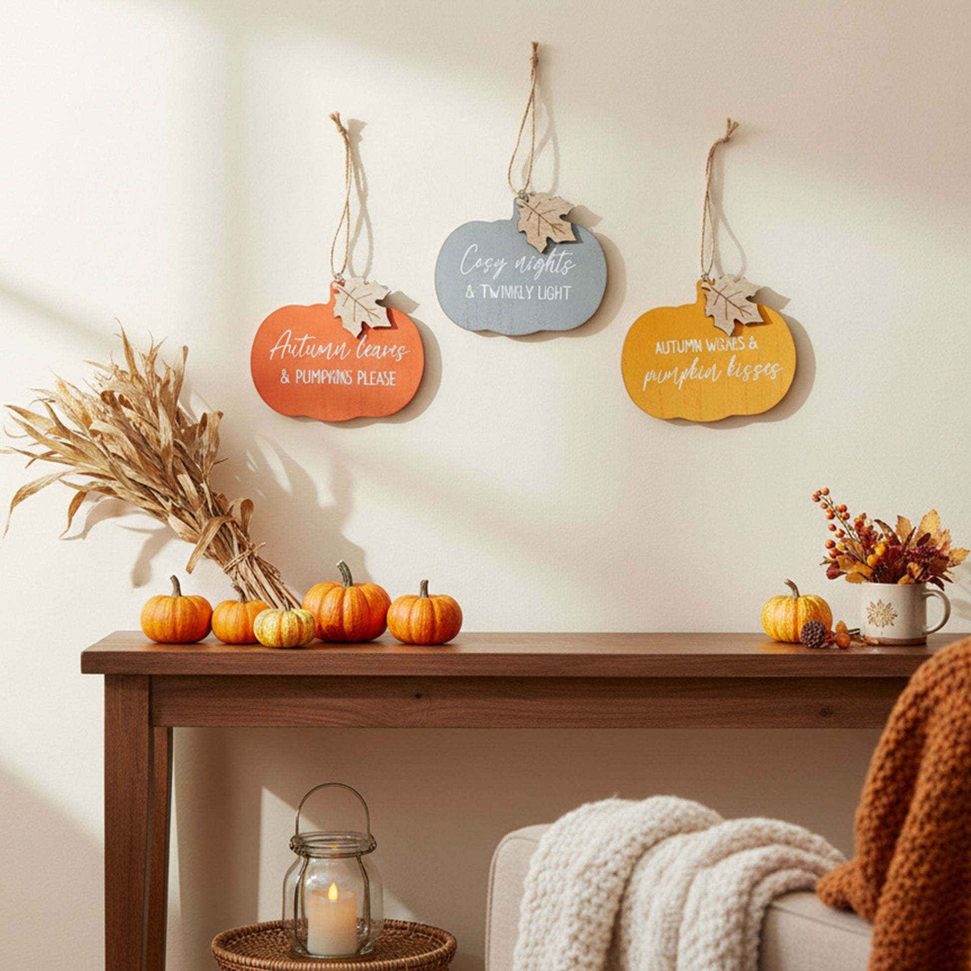 MDF Pumpkin and Leaf Shaped Wall Hanger Assorted, Fall Harvest, Wall Decor, Holiday Decor- Set of 3
