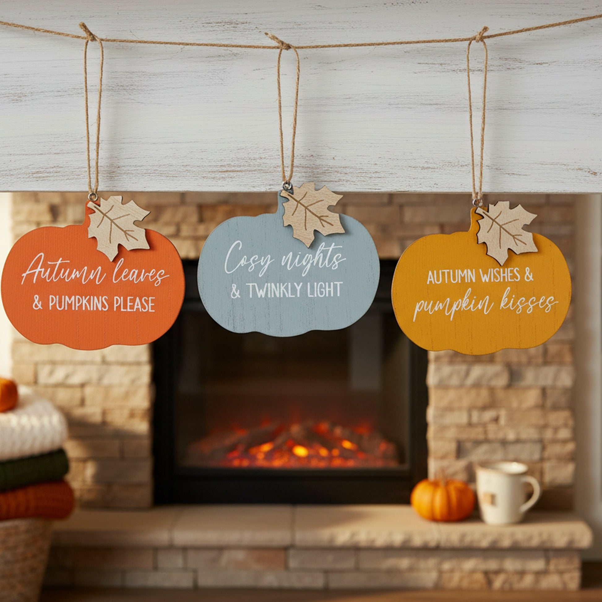MDF Pumpkin and Leaf Shaped Wall Hanger Assorted, Fall Harvest, Wall Decor, Holiday Decor- Set of 3