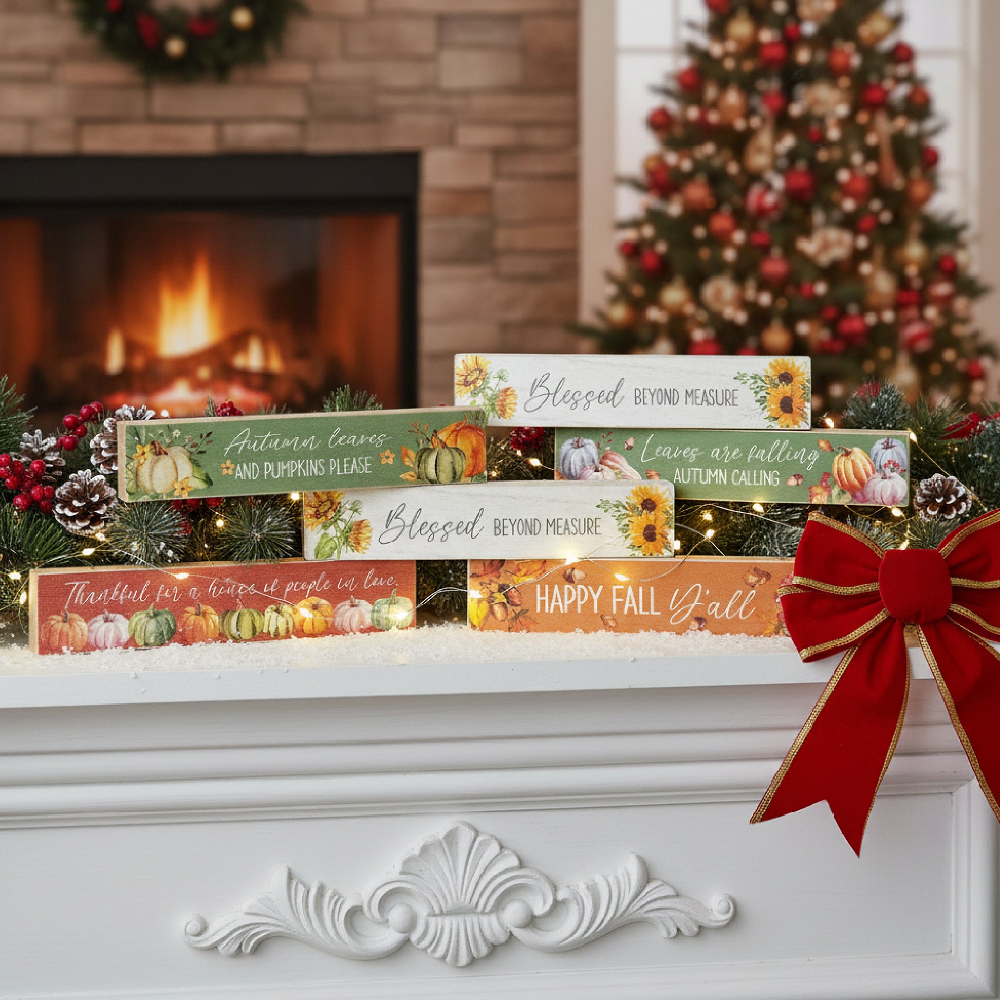 Rectangular Wood Block Harvest Assorted, Fall Harvest, Tabletop Block, Holiday Decor- Set of 6