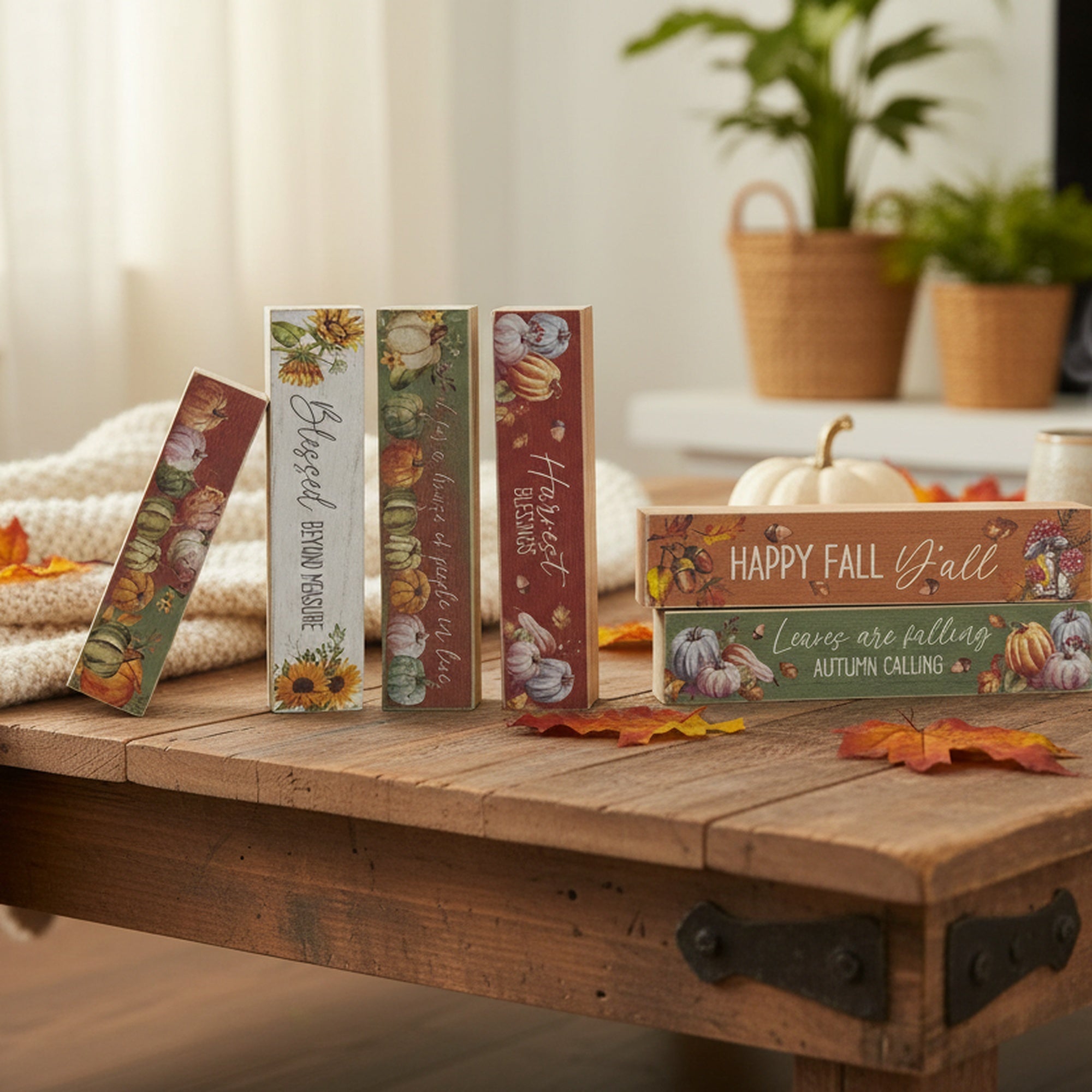 Rectangular Wood Block Harvest Assorted, Fall Harvest, Tabletop Block, Holiday Decor- Set of 6