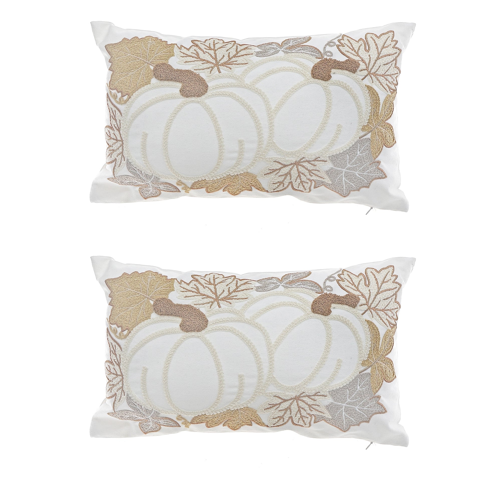 Cotton Embroidered Pumpkin Patch Cushion - Set of 2, Autumn Home Decor, Thanksgiving Pillow, Seasonal Accent