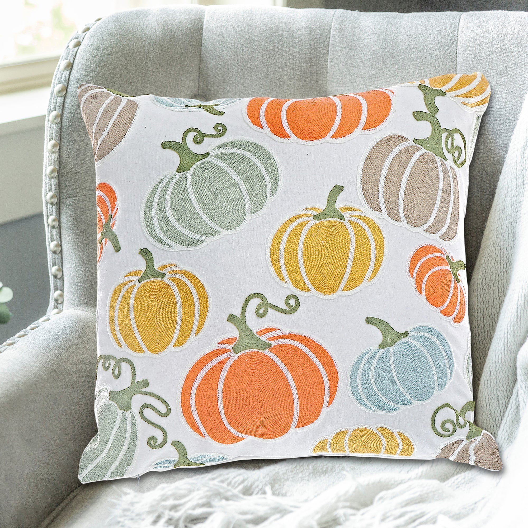 Cotton Embroidered Pumpkins Cushion - Set of 2, Autumn Home Decor, Thanksgiving Pillow, Holiday Accent
