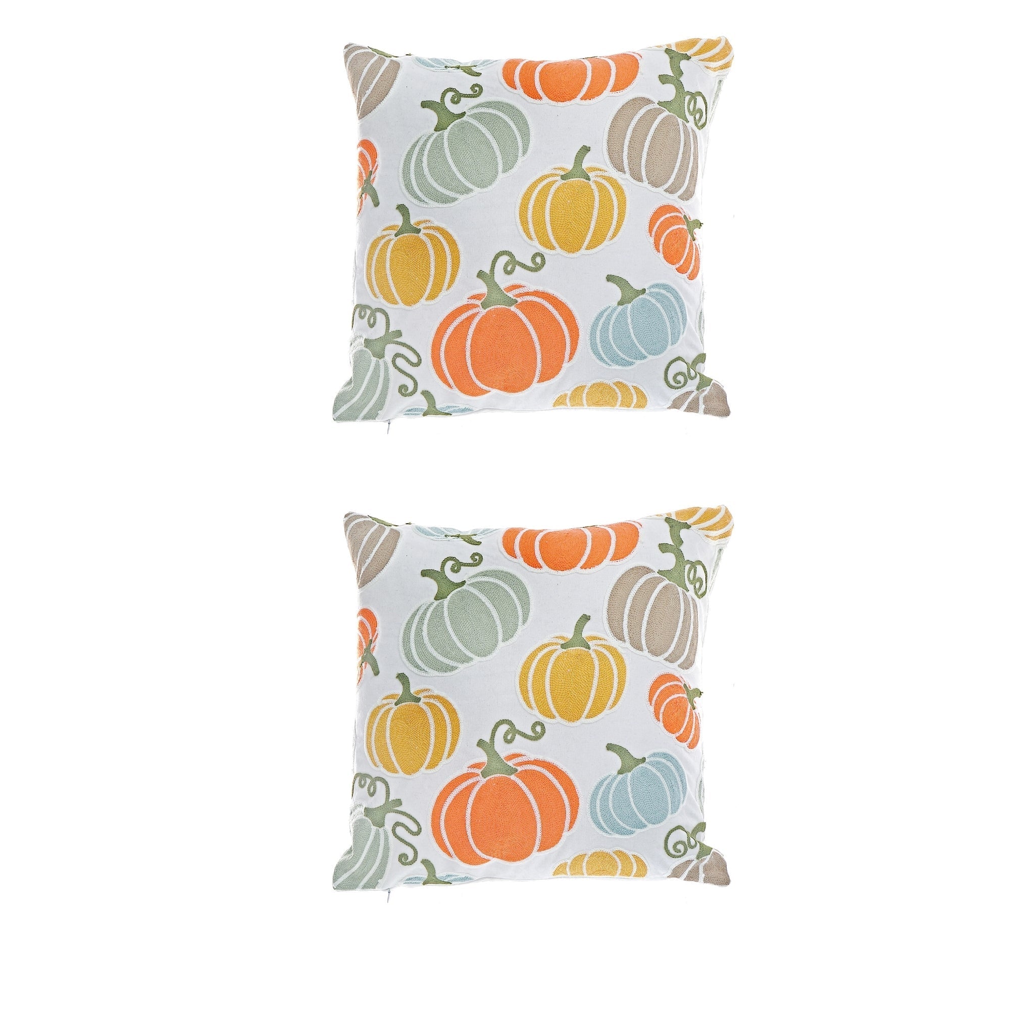 Cotton Embroidered Pumpkins Cushion - Set of 2, Autumn Home Decor, Thanksgiving Pillow, Holiday Accent