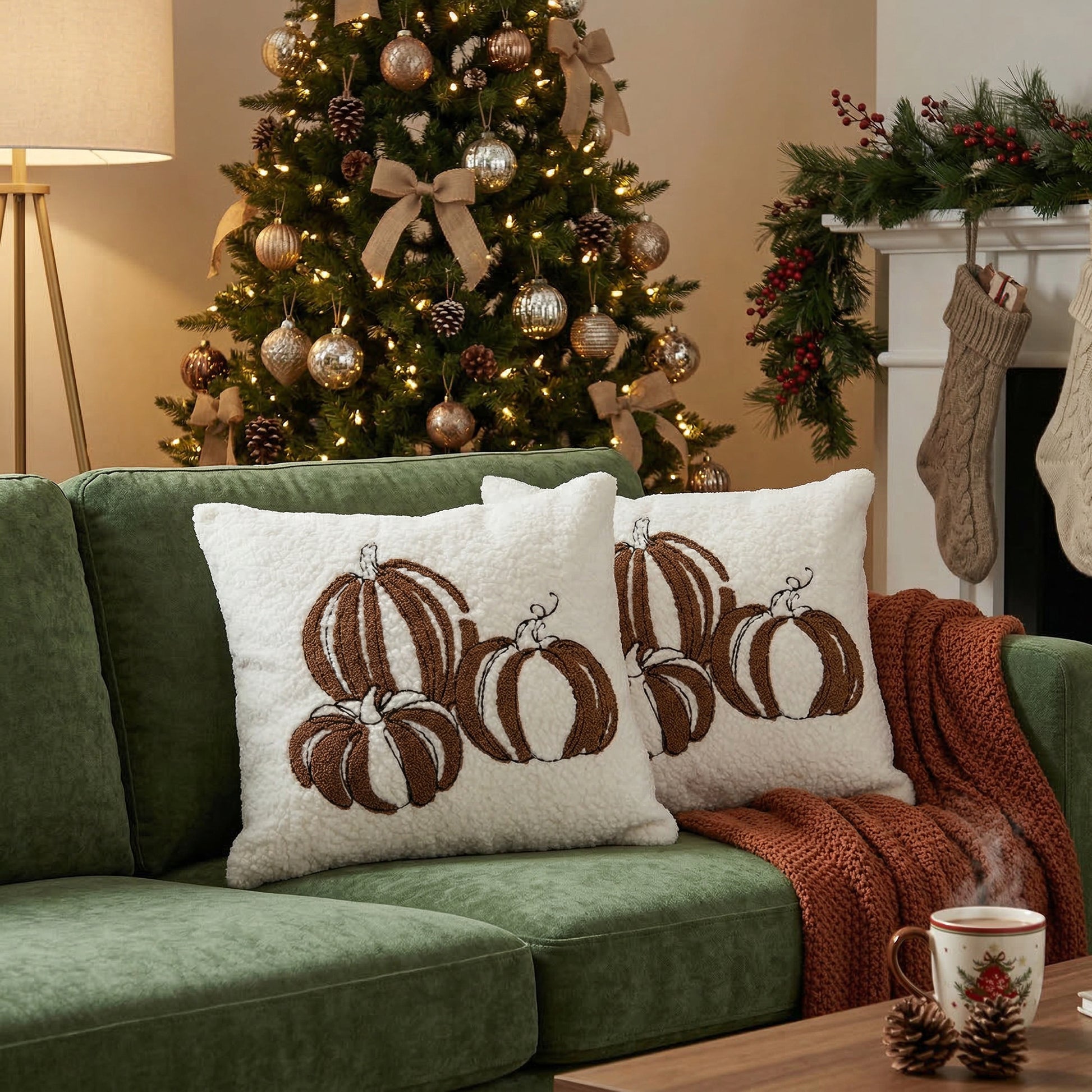 Polyester Embroidered Cushion Three Brown Pumpkins, Throw Pillow, Holiday Decor- Set of 2