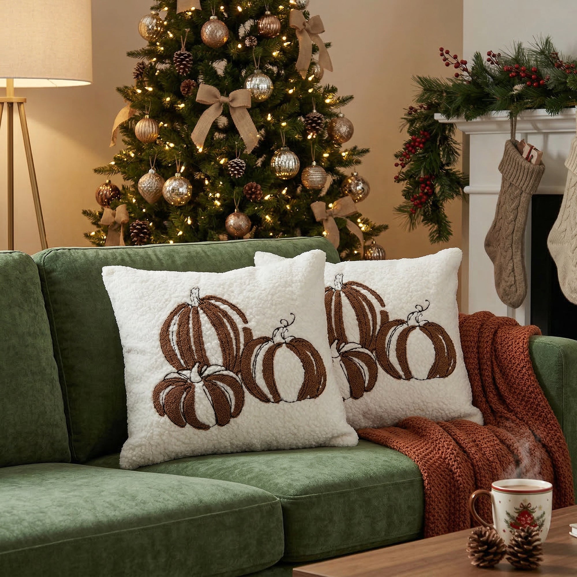 Polyester Embroidered Cushion Three Brown Pumpkins, Throw Pillow, Holiday Decor- Set of 2