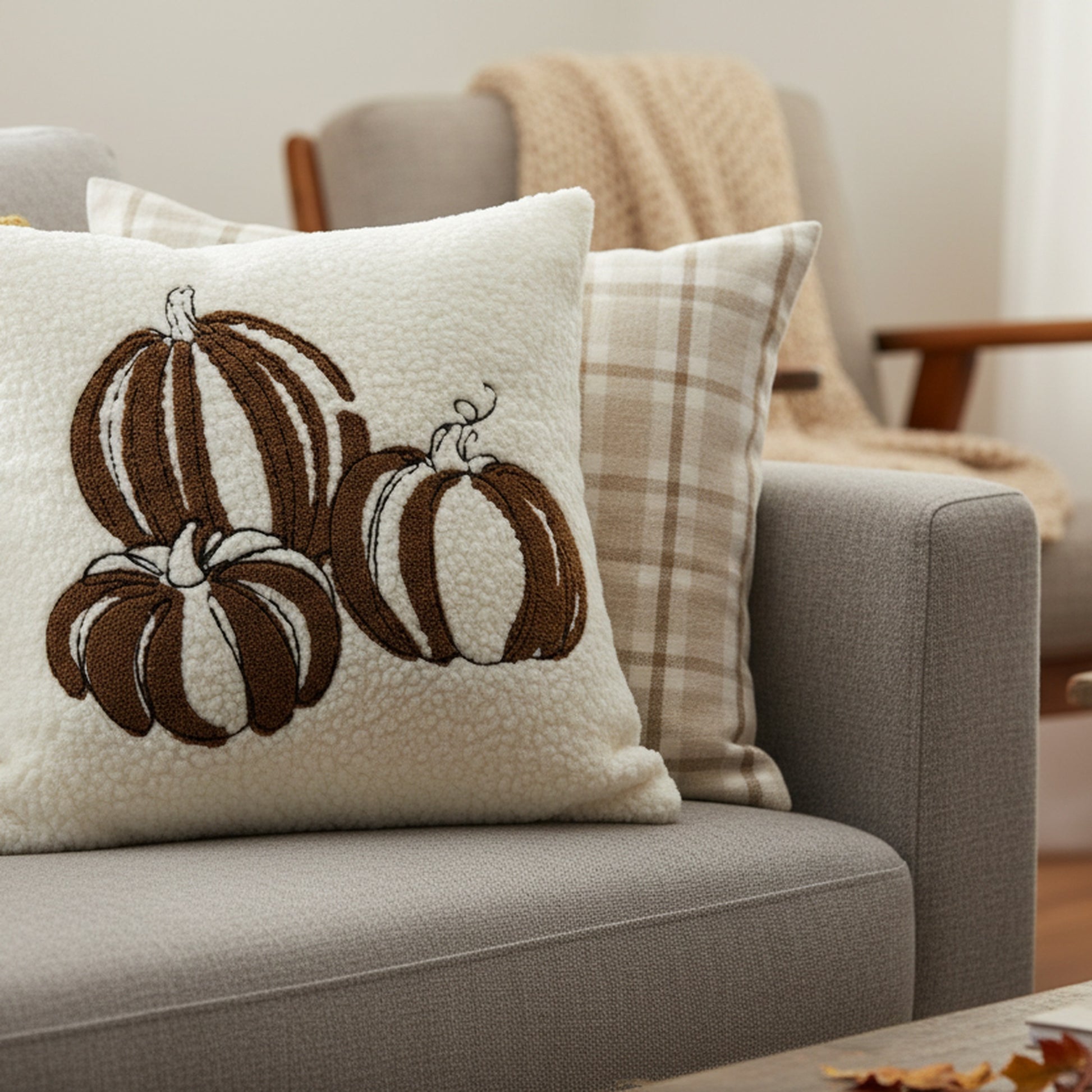 Polyester Embroidered Cushion Three Brown Pumpkins, Throw Pillow, Holiday Decor- Set of 2
