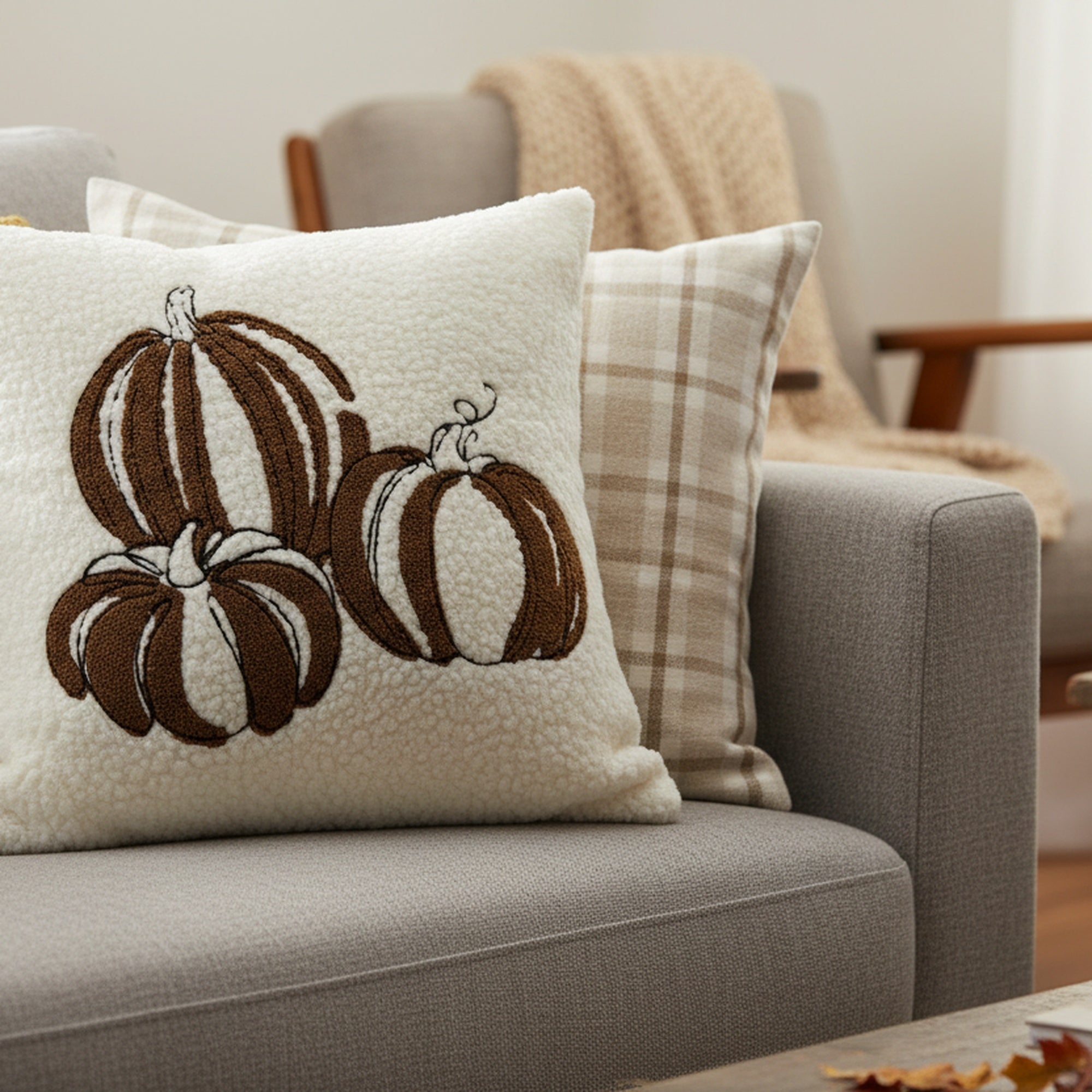 Polyester Embroidered Cushion Three Brown Pumpkins, Throw Pillow, Holiday Decor- Set of 2