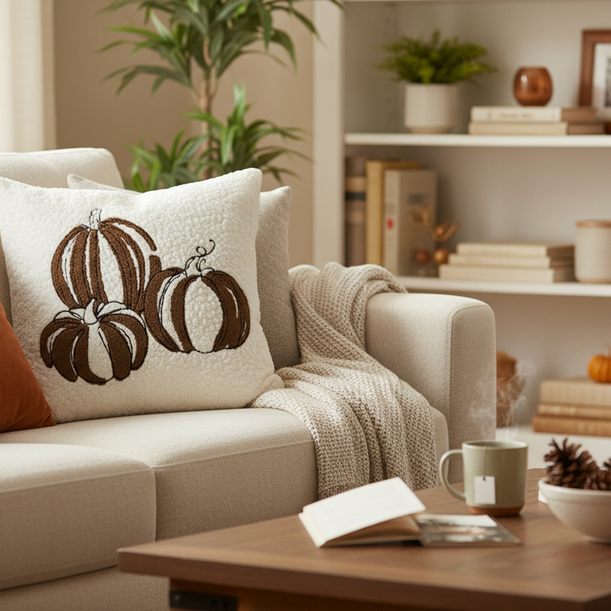 Polyester Embroidered Cushion Three Brown Pumpkins, Throw Pillow, Holiday Decor- Set of 2