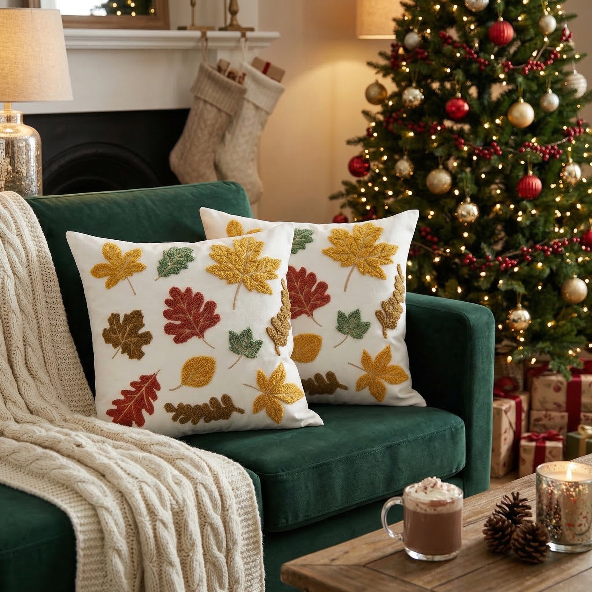 Polyester Embroidered Cushion Autumn Leaves, Fall Harvest, Throw Pillow, Holiday Decor- Set of 2