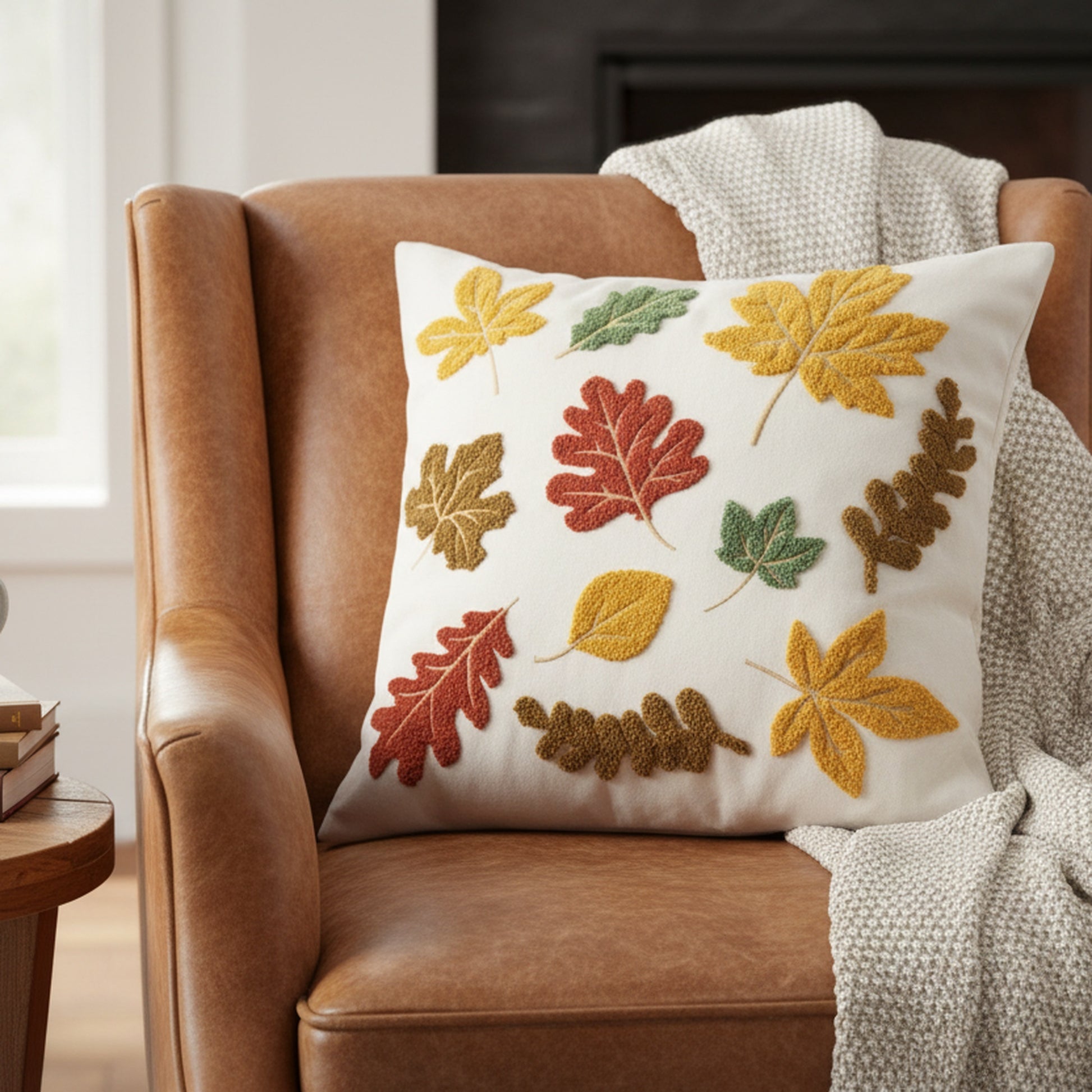 Polyester Embroidered Cushion Autumn Leaves, Fall Harvest, Throw Pillow, Holiday Decor- Set of 2