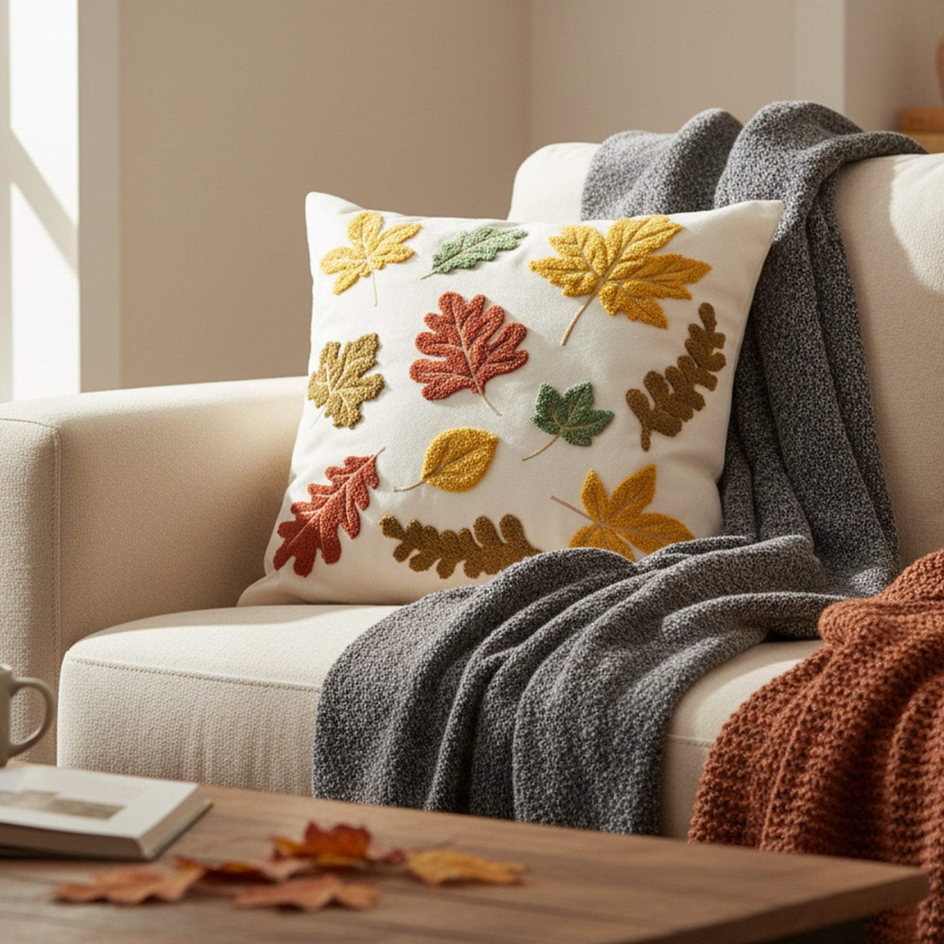 Polyester Embroidered Cushion Autumn Leaves, Fall Harvest, Throw Pillow, Holiday Decor- Set of 2