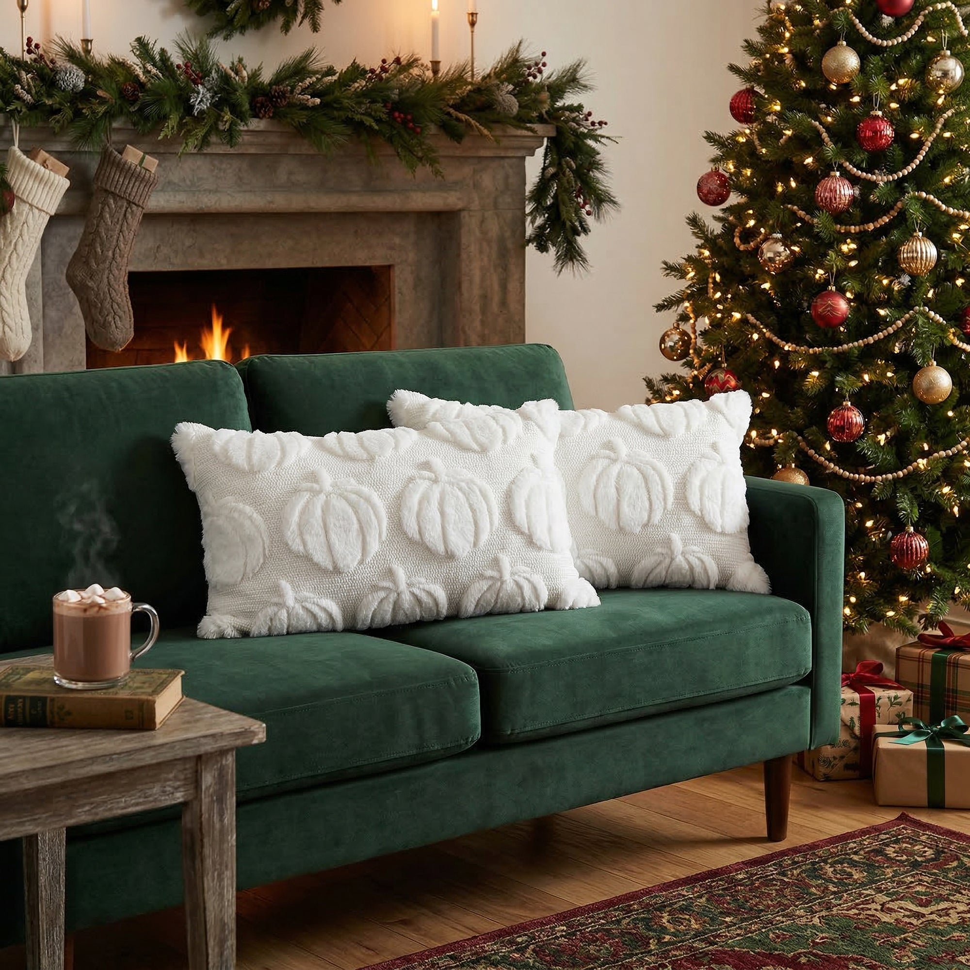 Polyester Fleece Embroidered Cushion Pumpkins 20" X 12", Throw Pillow, Holiday Decor- Set of 2