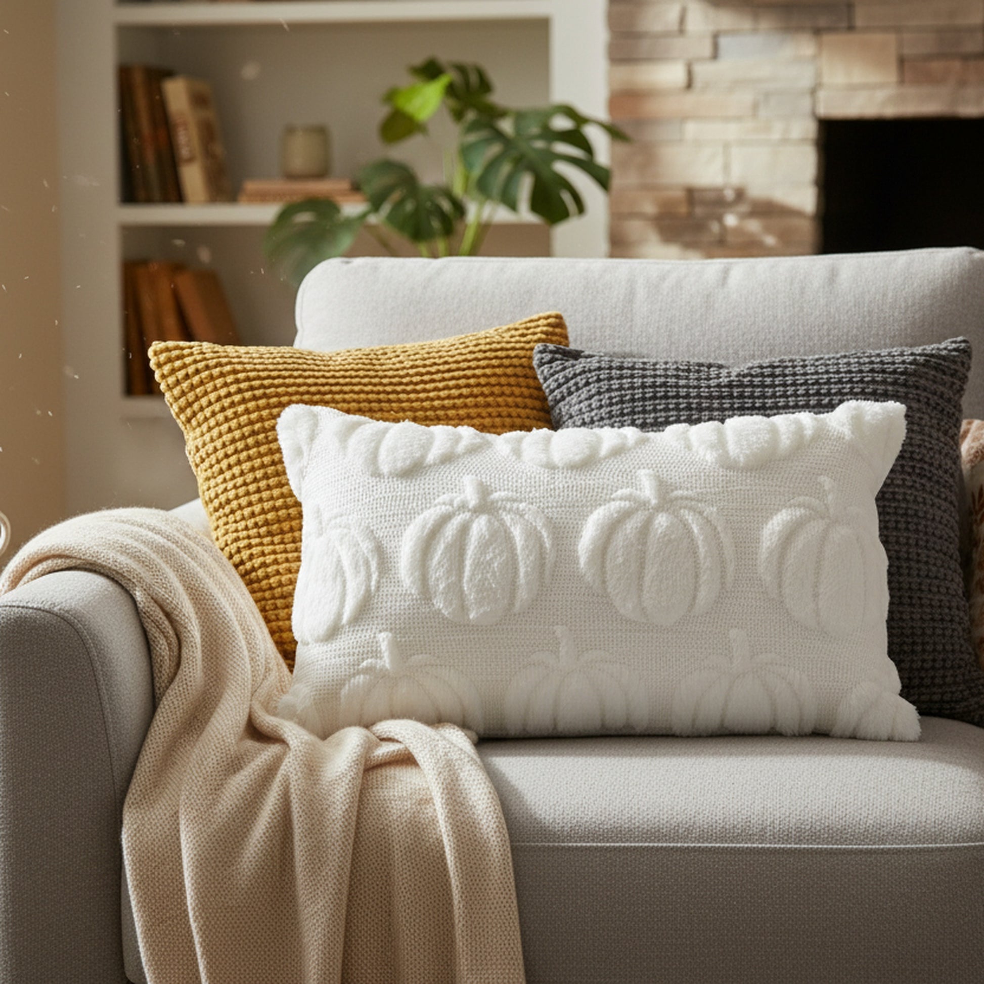 Polyester Fleece Embroidered Cushion Pumpkins 20" X 12", Throw Pillow, Holiday Decor- Set of 2