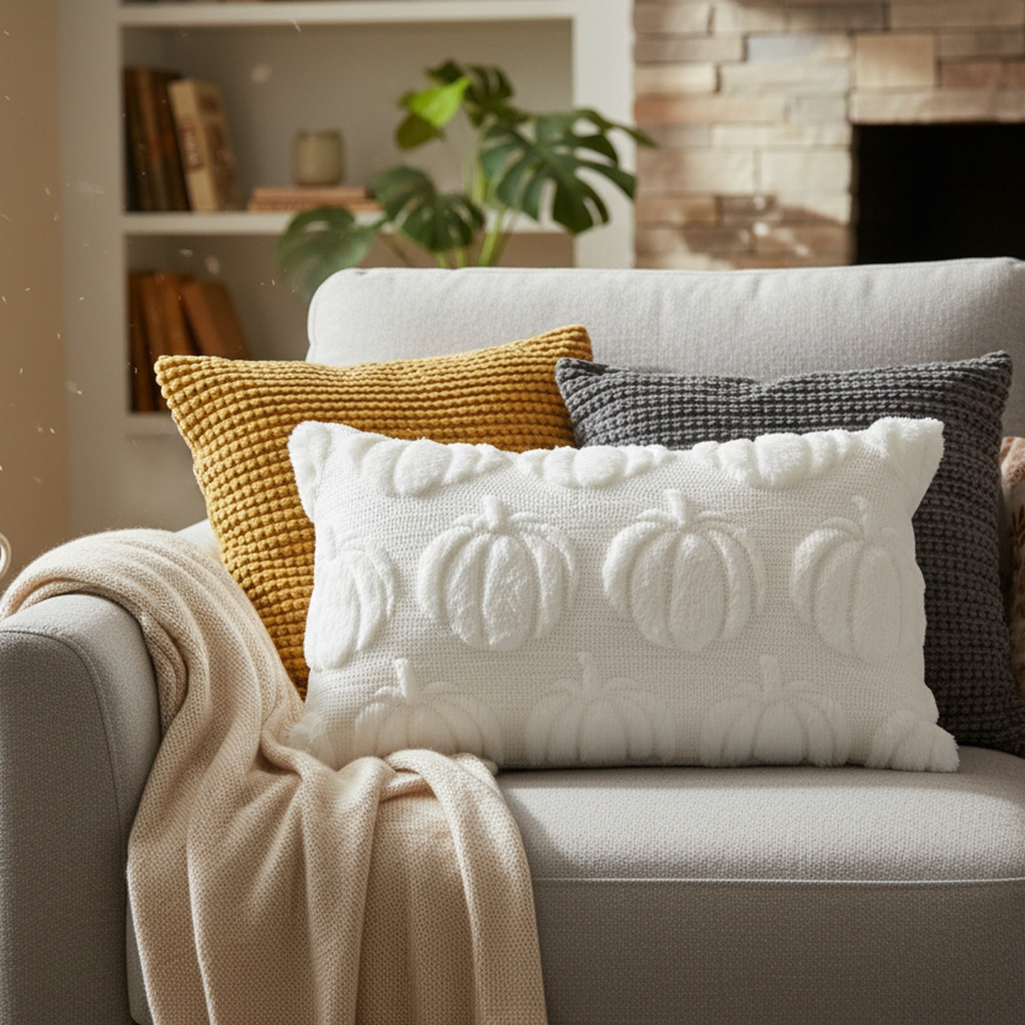 Polyester Fleece Embroidered Cushion Pumpkins 20" X 12", Throw Pillow, Holiday Decor- Set of 2