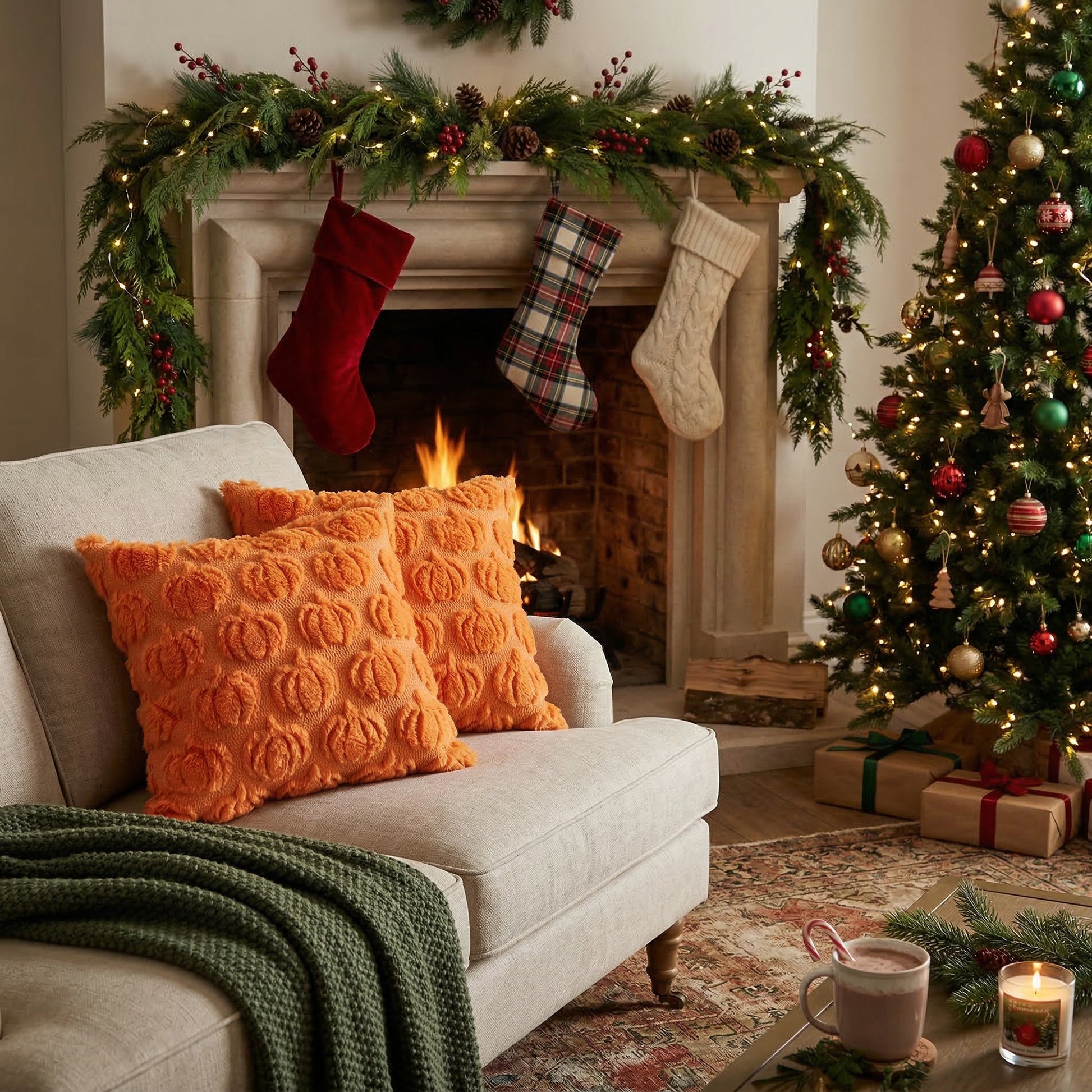 Polyester Fleece Embroidered Cushion Orange Pumpkins, Throw Pillow, Holiday Decor- Set of 2