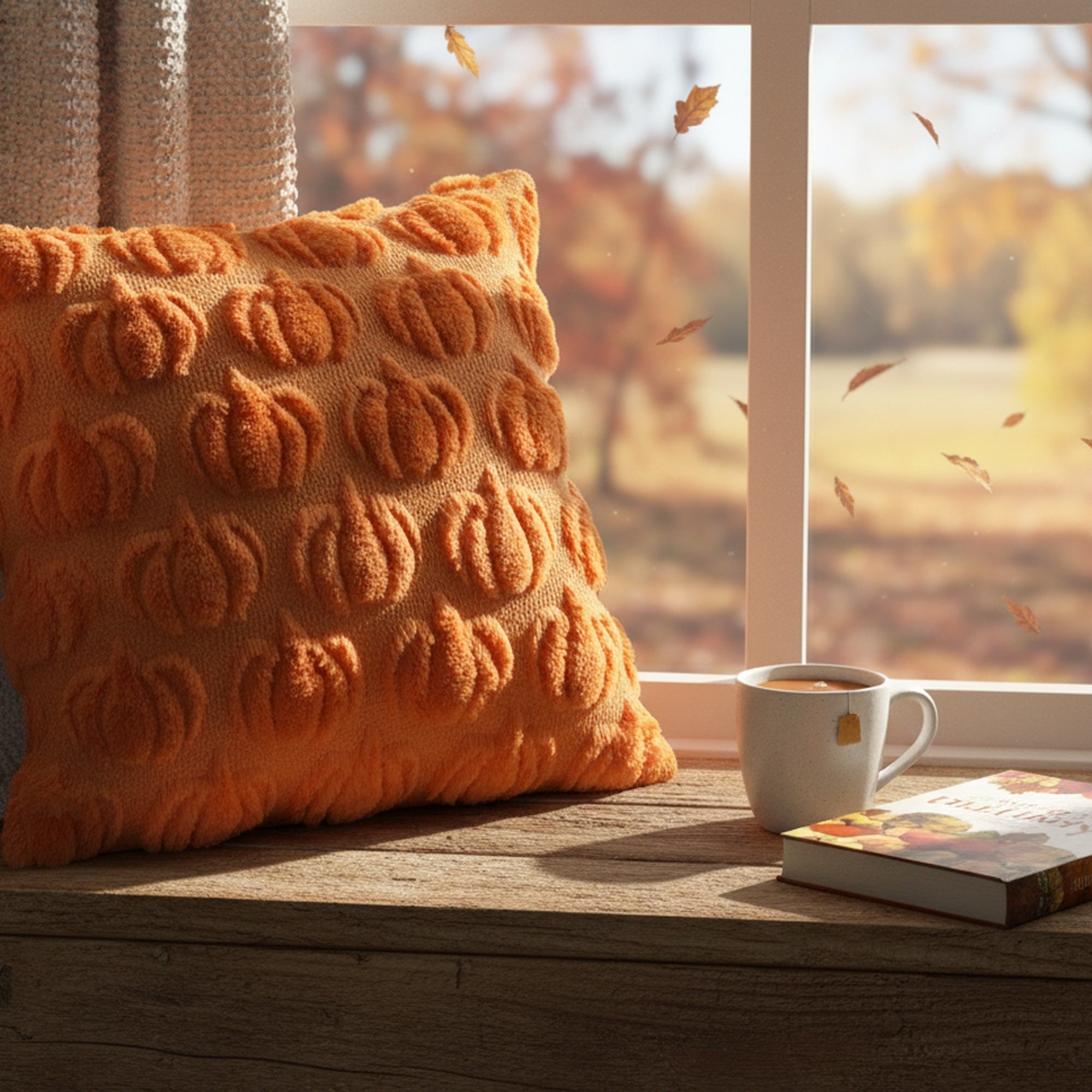 Polyester Fleece Embroidered Cushion Orange Pumpkins, Throw Pillow, Holiday Decor- Set of 2