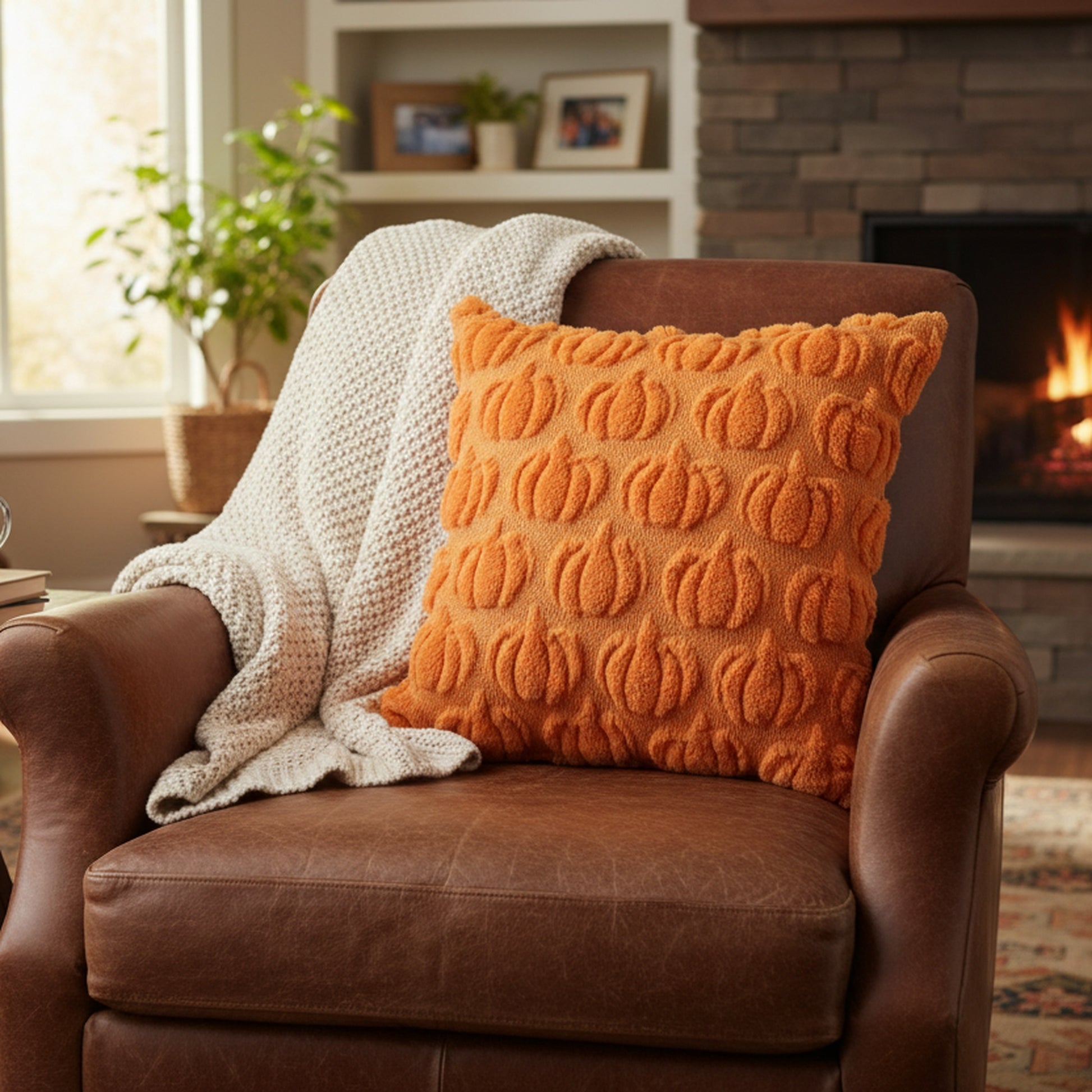 Polyester Fleece Embroidered Cushion Orange Pumpkins, Throw Pillow, Holiday Decor- Set of 2