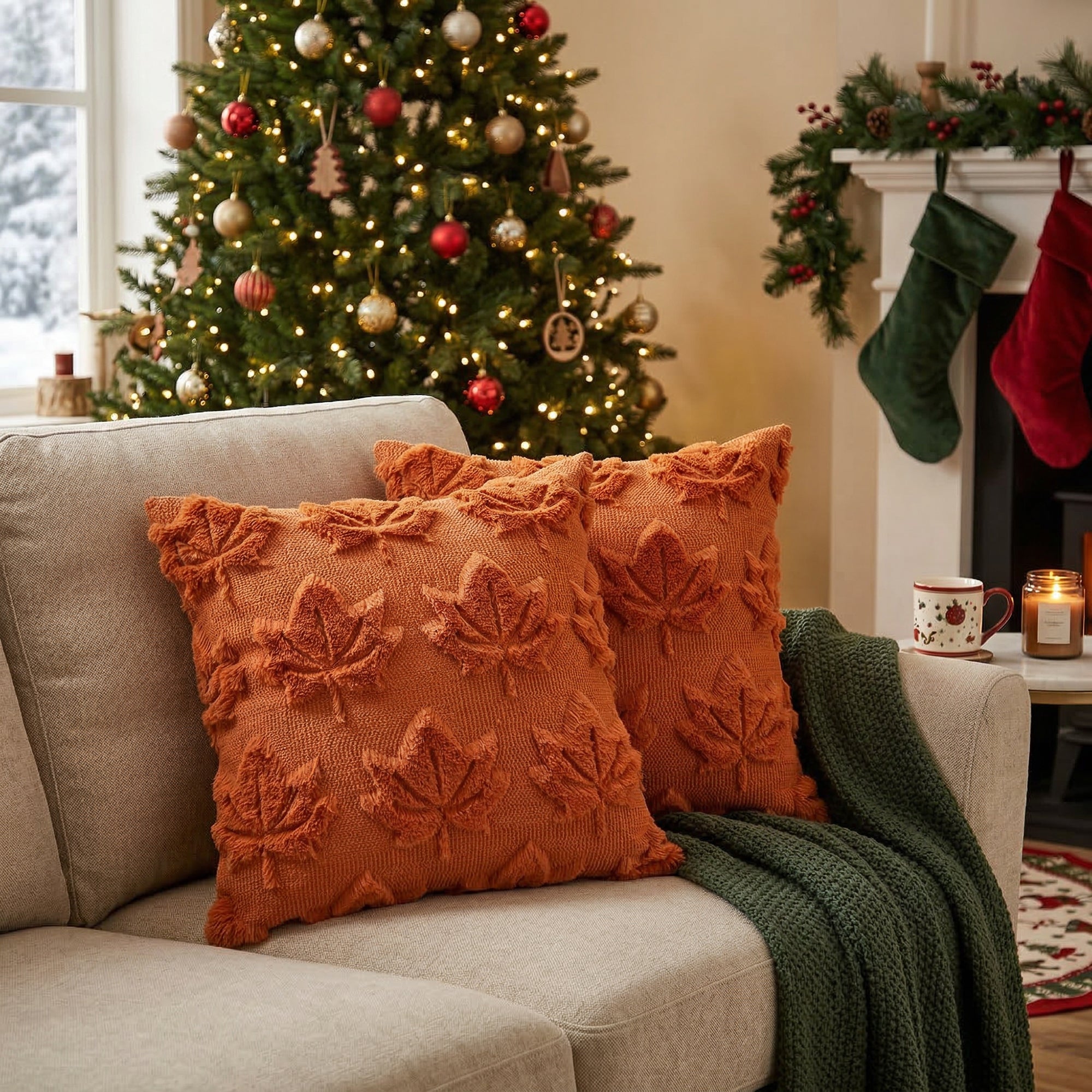 Polyester Fleece Embroidered Cushion Brown Maple Leaves, Fall Harvest, Throw Pillow, Holiday Decor- Set of 2