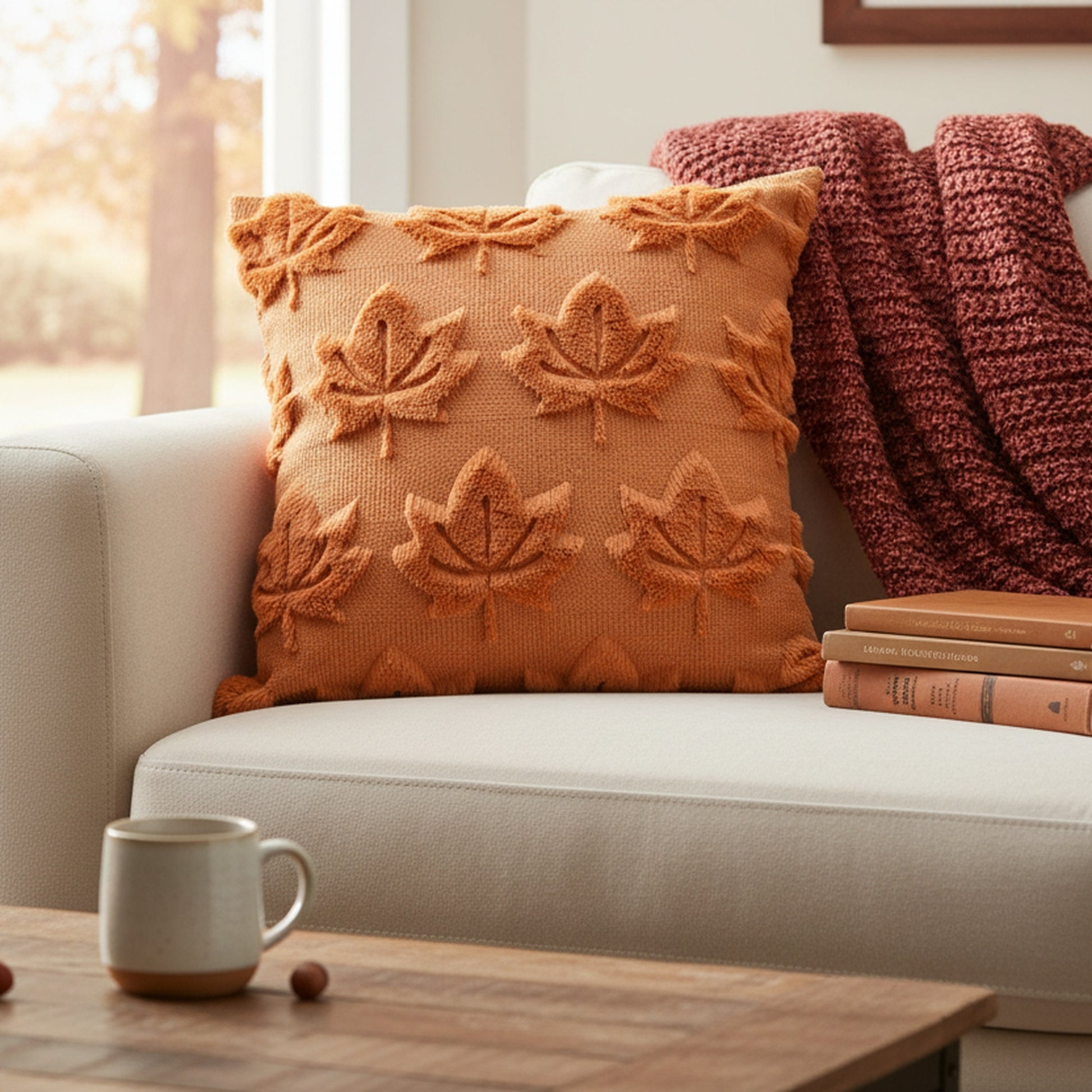 Polyester Fleece Embroidered Cushion Brown Maple Leaves, Fall Harvest, Throw Pillow, Holiday Decor- Set of 2