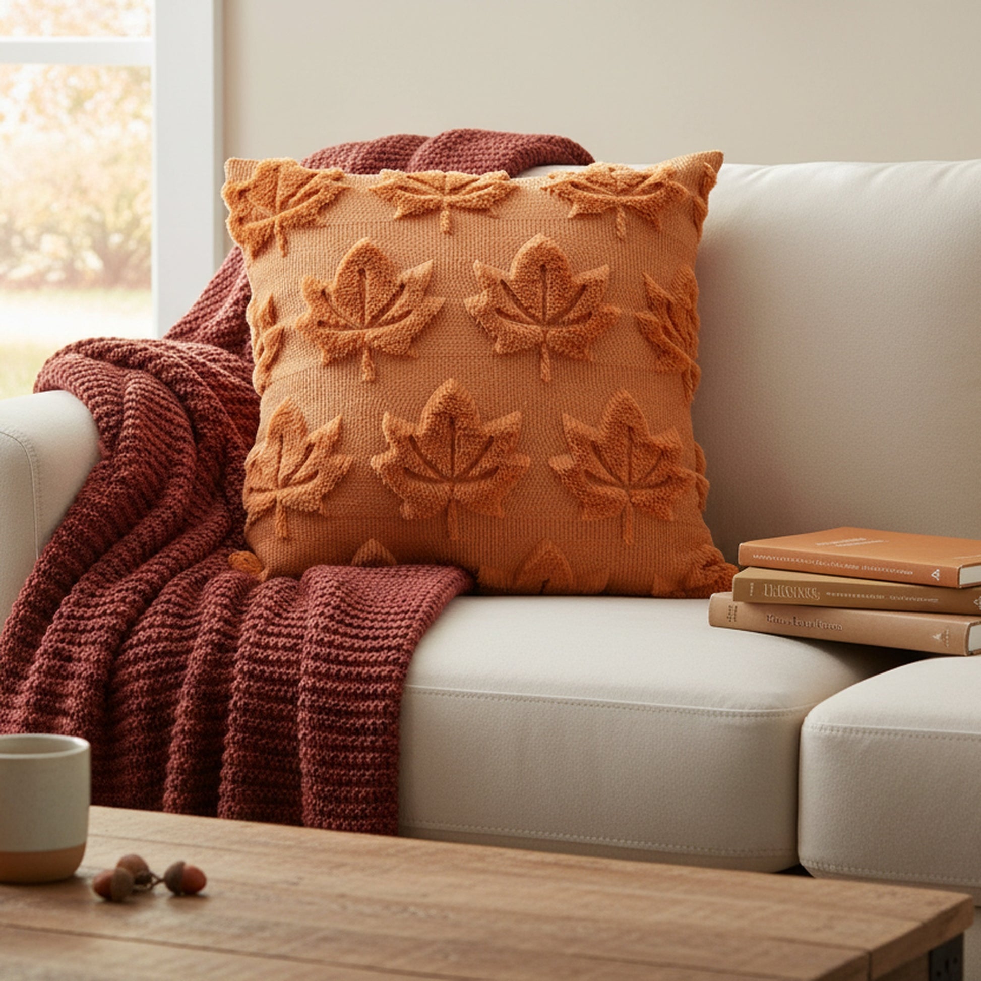 Polyester Fleece Embroidered Cushion Brown Maple Leaves, Fall Harvest, Throw Pillow, Holiday Decor- Set of 2