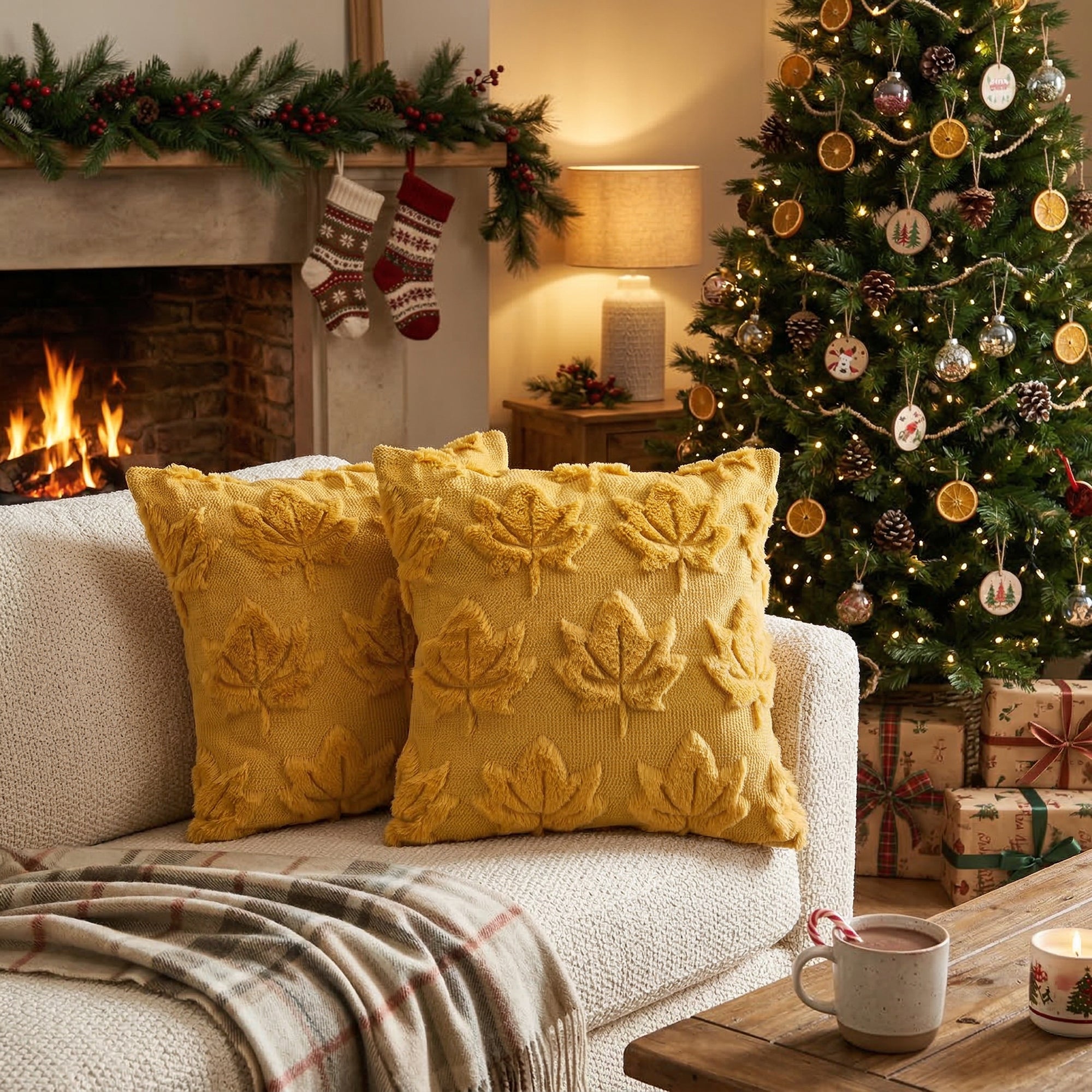 Polyester Fleece Embroidered Cushion Yellow Maple Leaves, Fall Harvest, Throw Pillow, Holiday Decor- Set of 2
