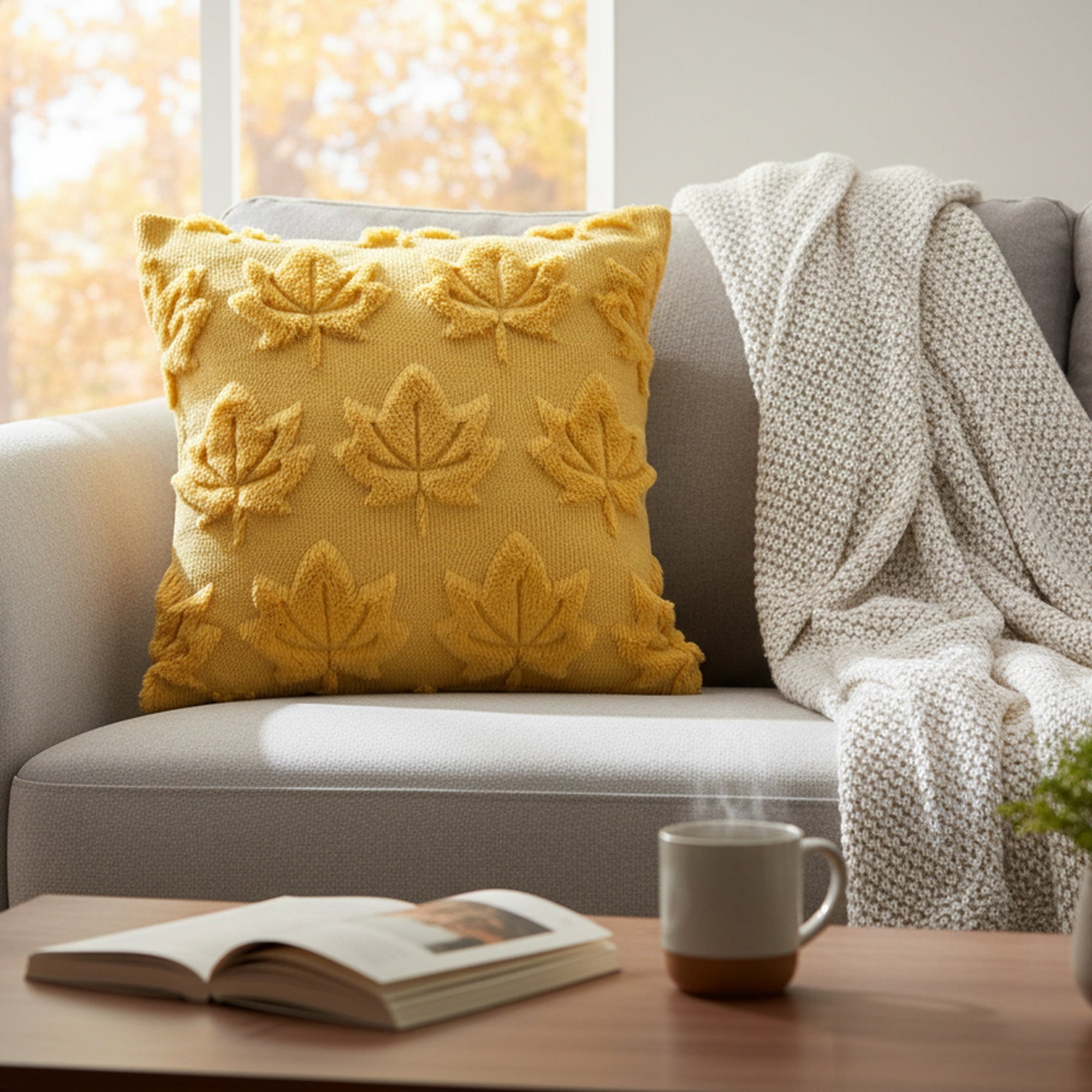 Polyester Fleece Embroidered Cushion Yellow Maple Leaves, Fall Harvest, Throw Pillow, Holiday Decor- Set of 2