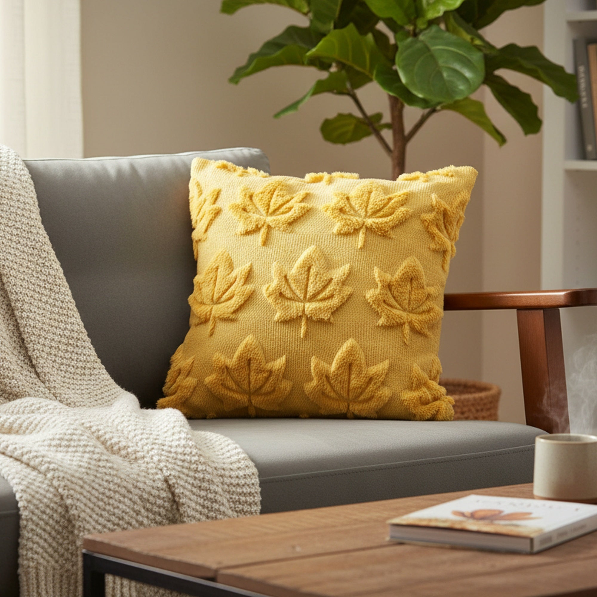 Polyester Fleece Embroidered Cushion Yellow Maple Leaves, Fall Harvest, Throw Pillow, Holiday Decor- Set of 2