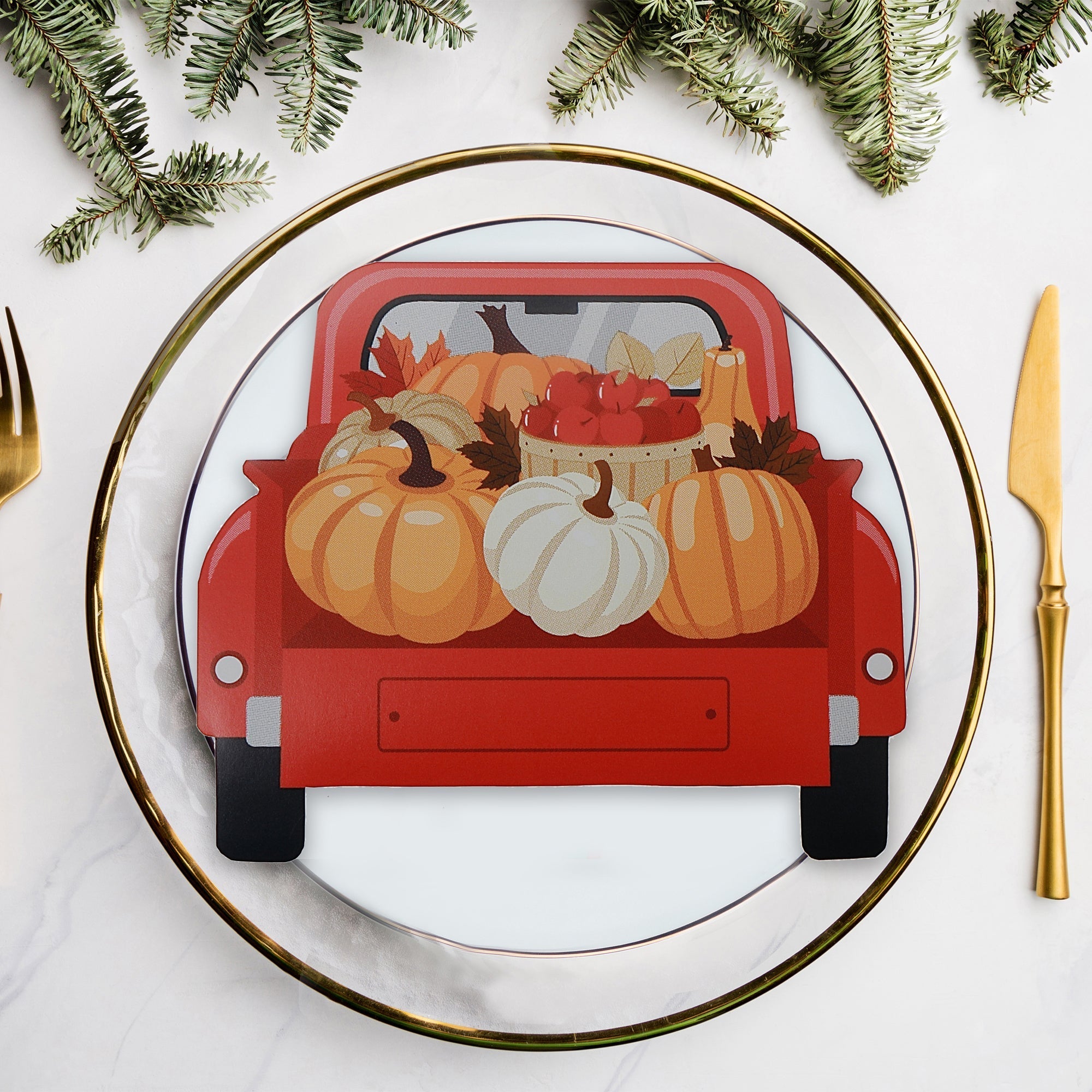 12 Pack 3-Ply Shaped Napkin Red Truck With Pumpkins Set of 6 – Fall/Autumn Table Decor, Thanksgiving Dining Accent, Seasonal Napkins