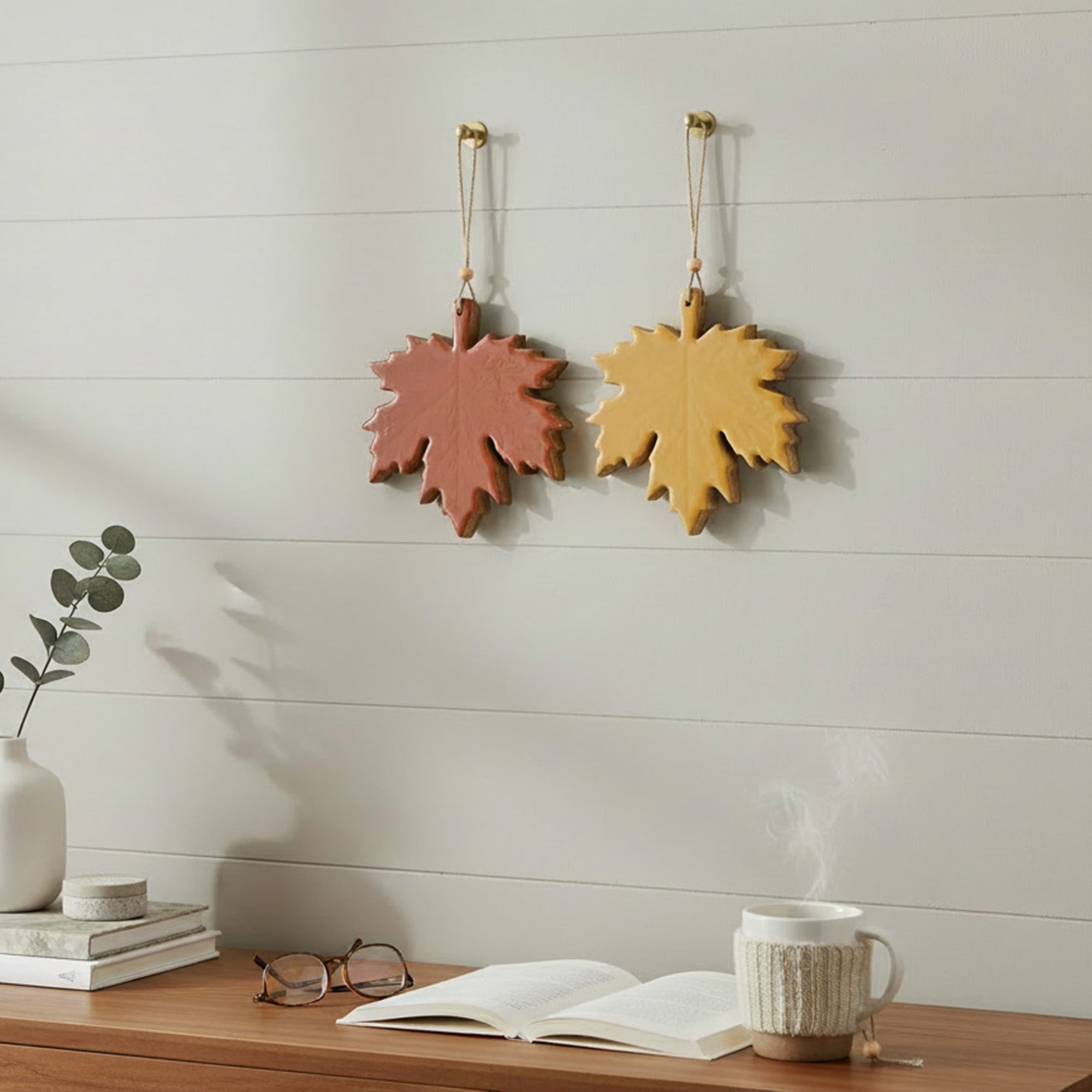 Wooden Enamel Hanging Decor Maple Leaf Large Assorted, Fall Harvest, Holiday Decor- Set of 2