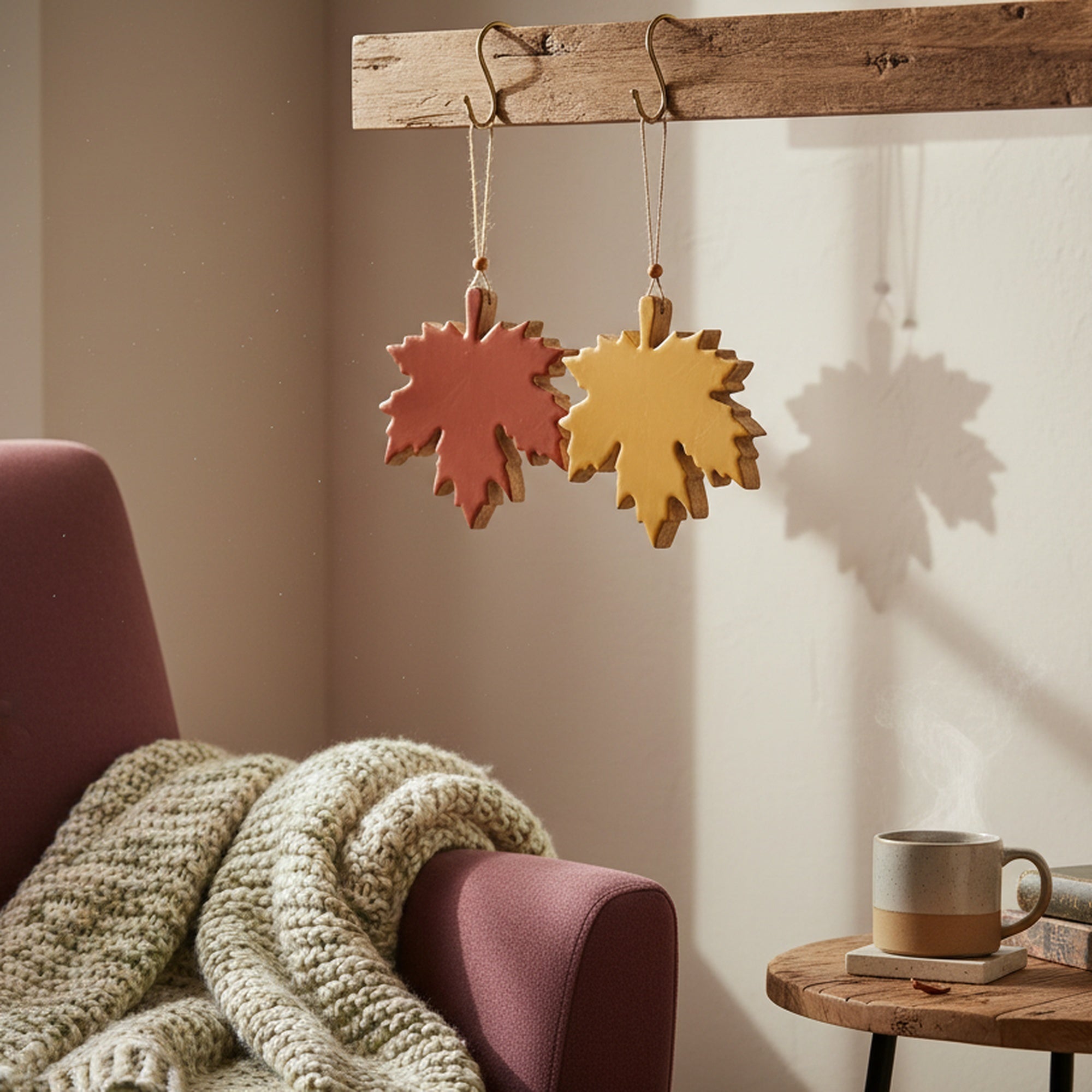 Wooden Enamel Hanging Decor Maple Leaf Large Assorted, Fall Harvest, Holiday Decor- Set of 2