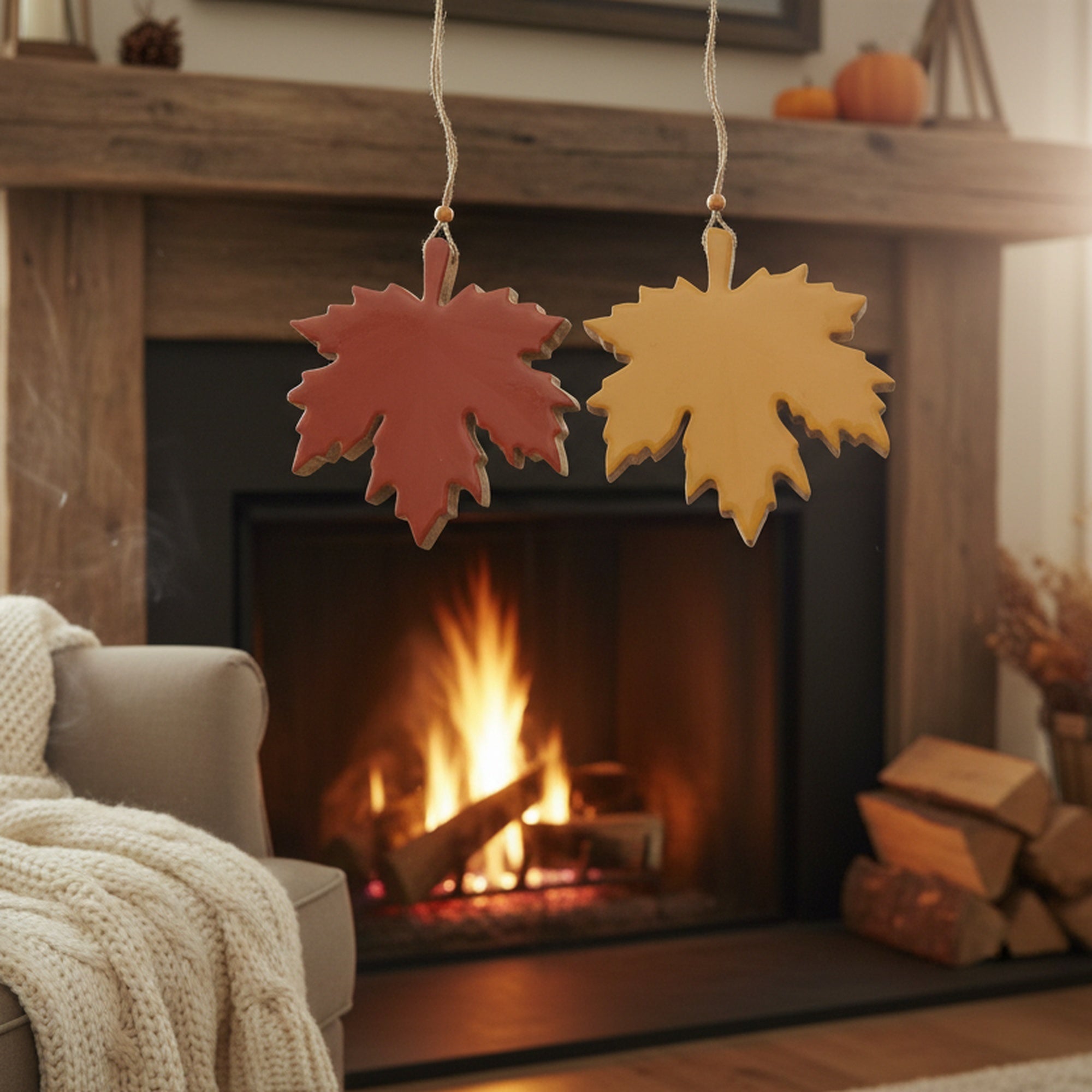 Wooden Enamel Hanging Decor Maple Leaf Large Assorted, Fall Harvest, Holiday Decor- Set of 2