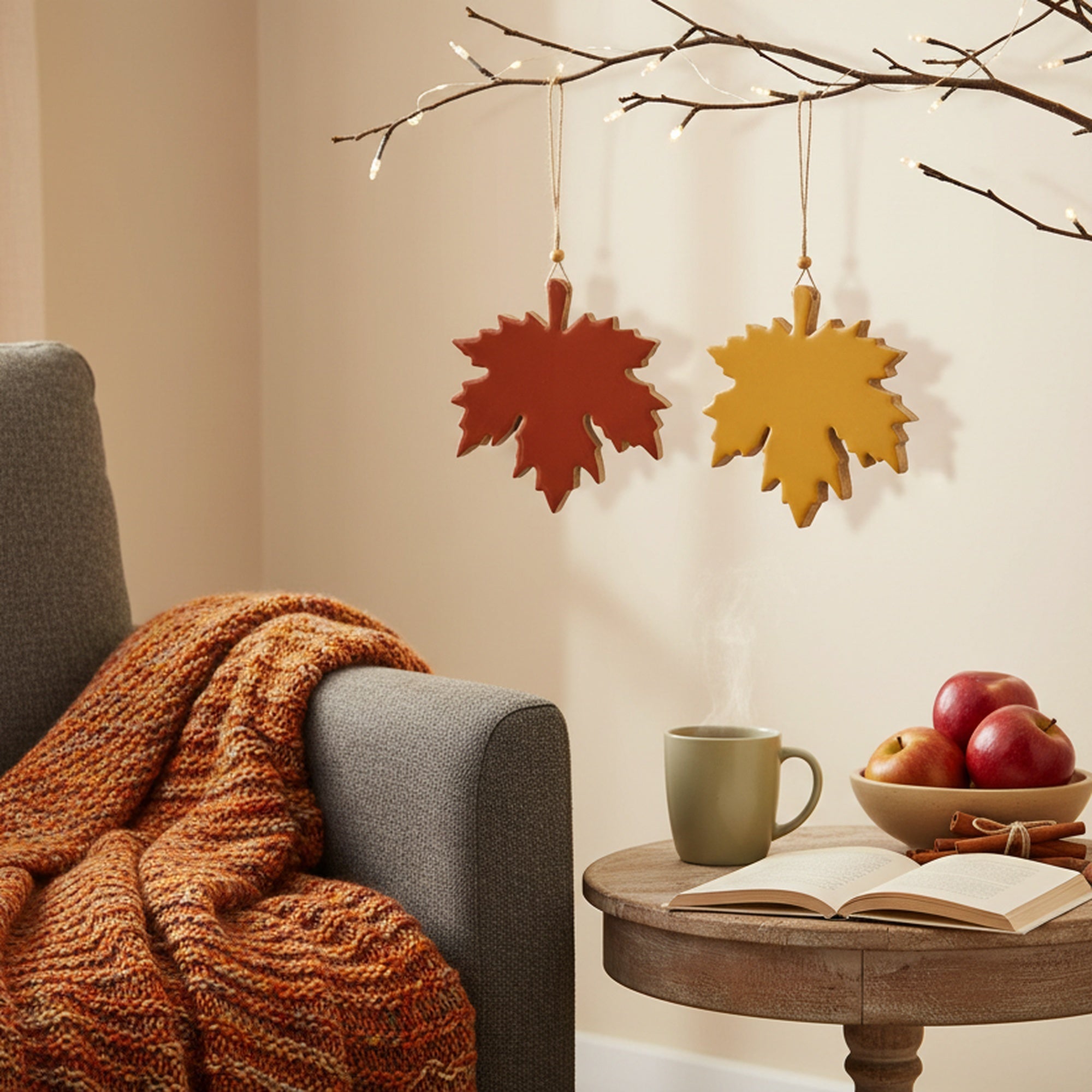 Wooden Enamel Hanging Decor Maple Leaf Small Assorted, Fall Harvest, Holiday Decor- Set of 6