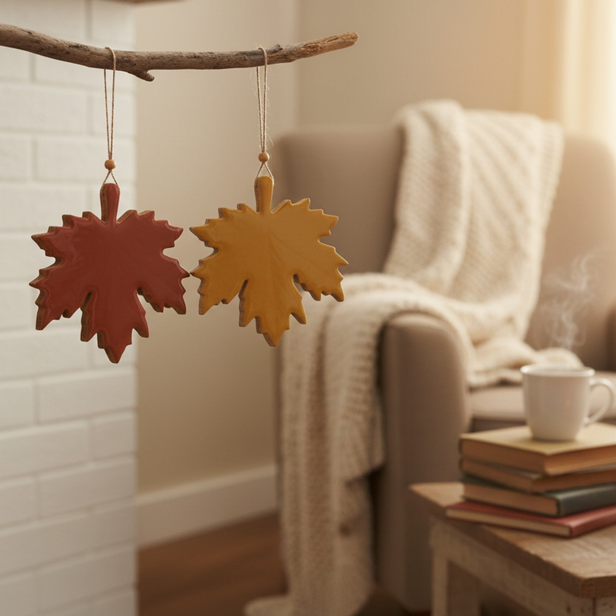 Wooden Enamel Hanging Decor Maple Leaf Small Assorted, Fall Harvest, Holiday Decor- Set of 6