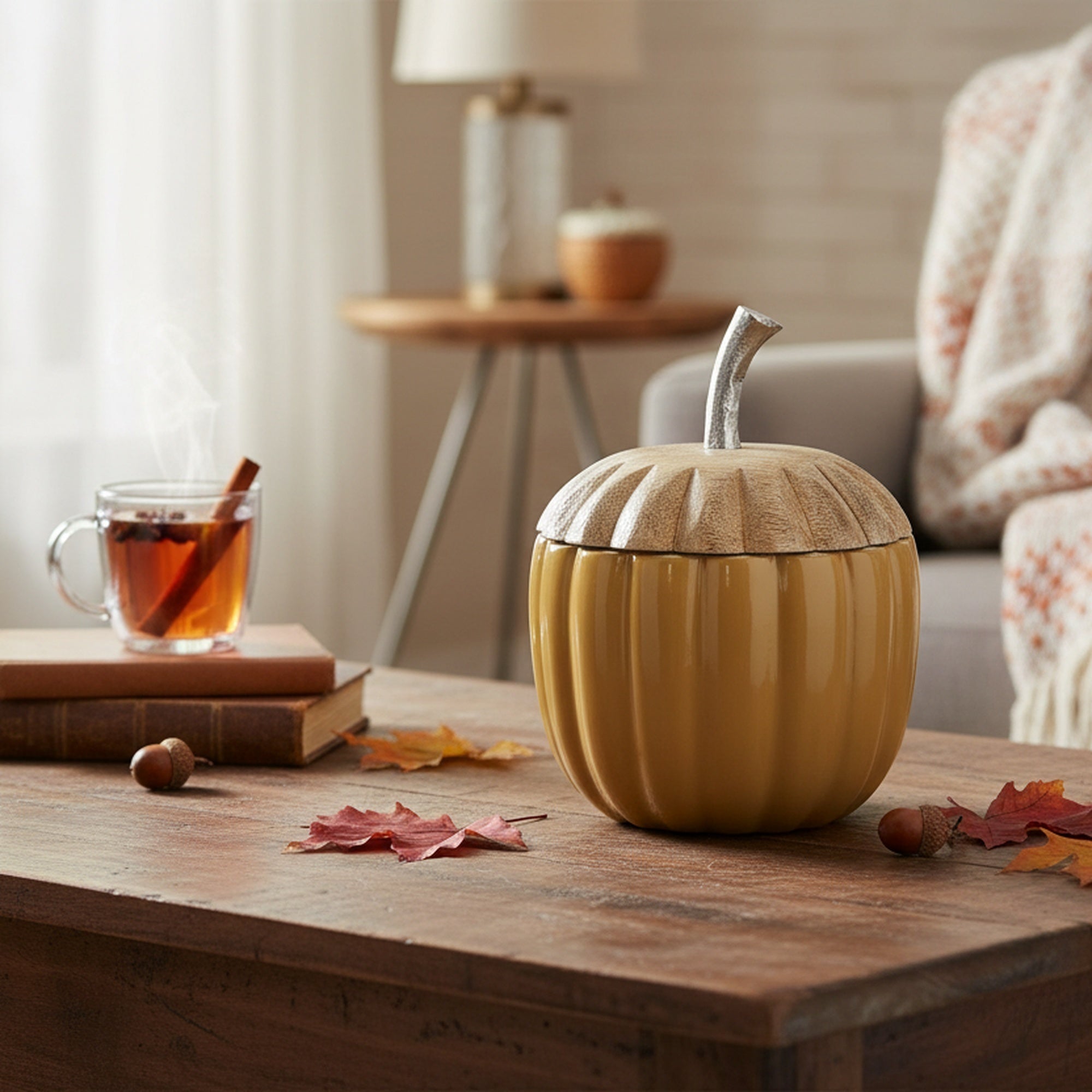 Wooden Metal Pumpkin Decor with Lid Yellow Small, Fall Harvest, Holiday Decor