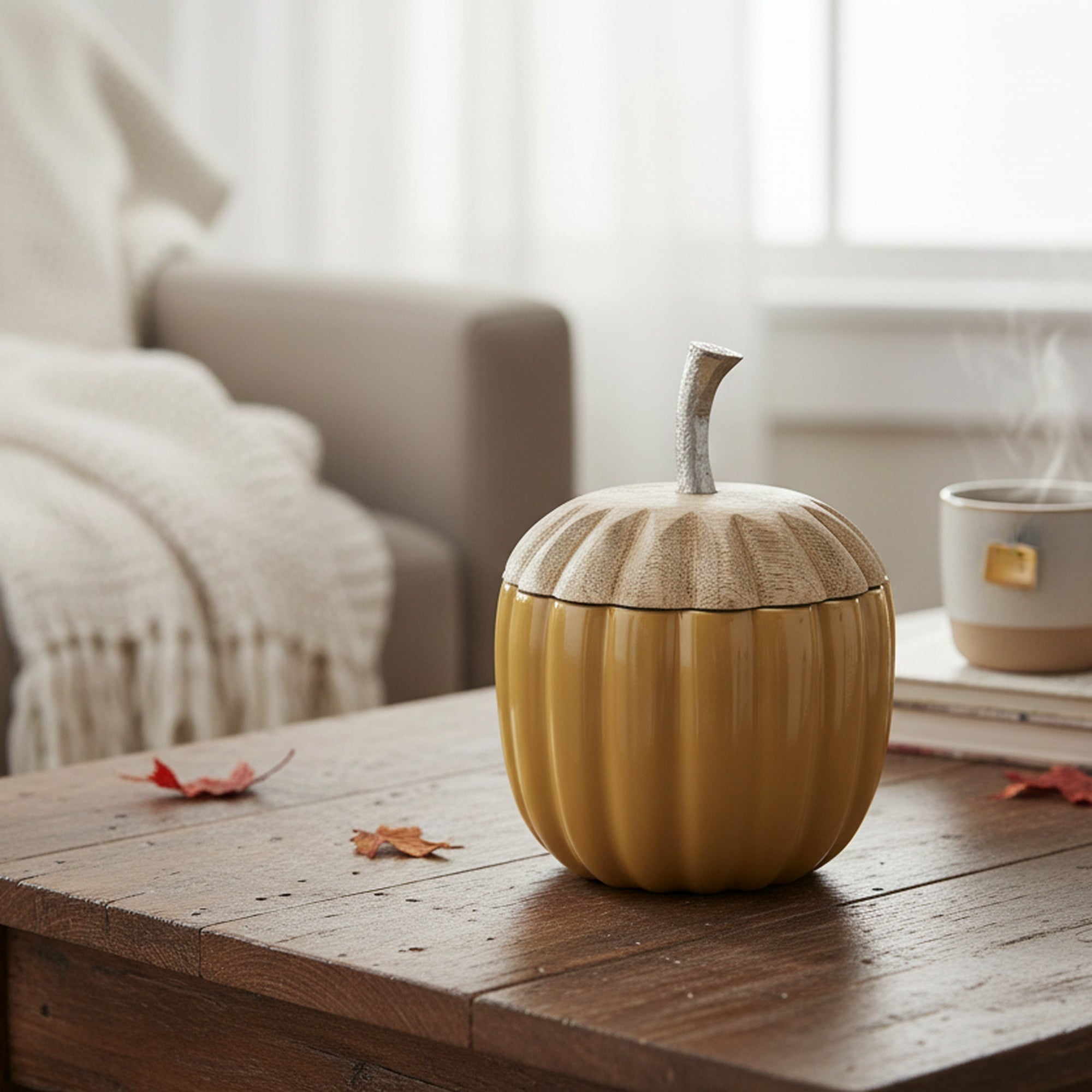 Wooden Metal Pumpkin Decor with Lid Yellow Small, Fall Harvest, Holiday Decor