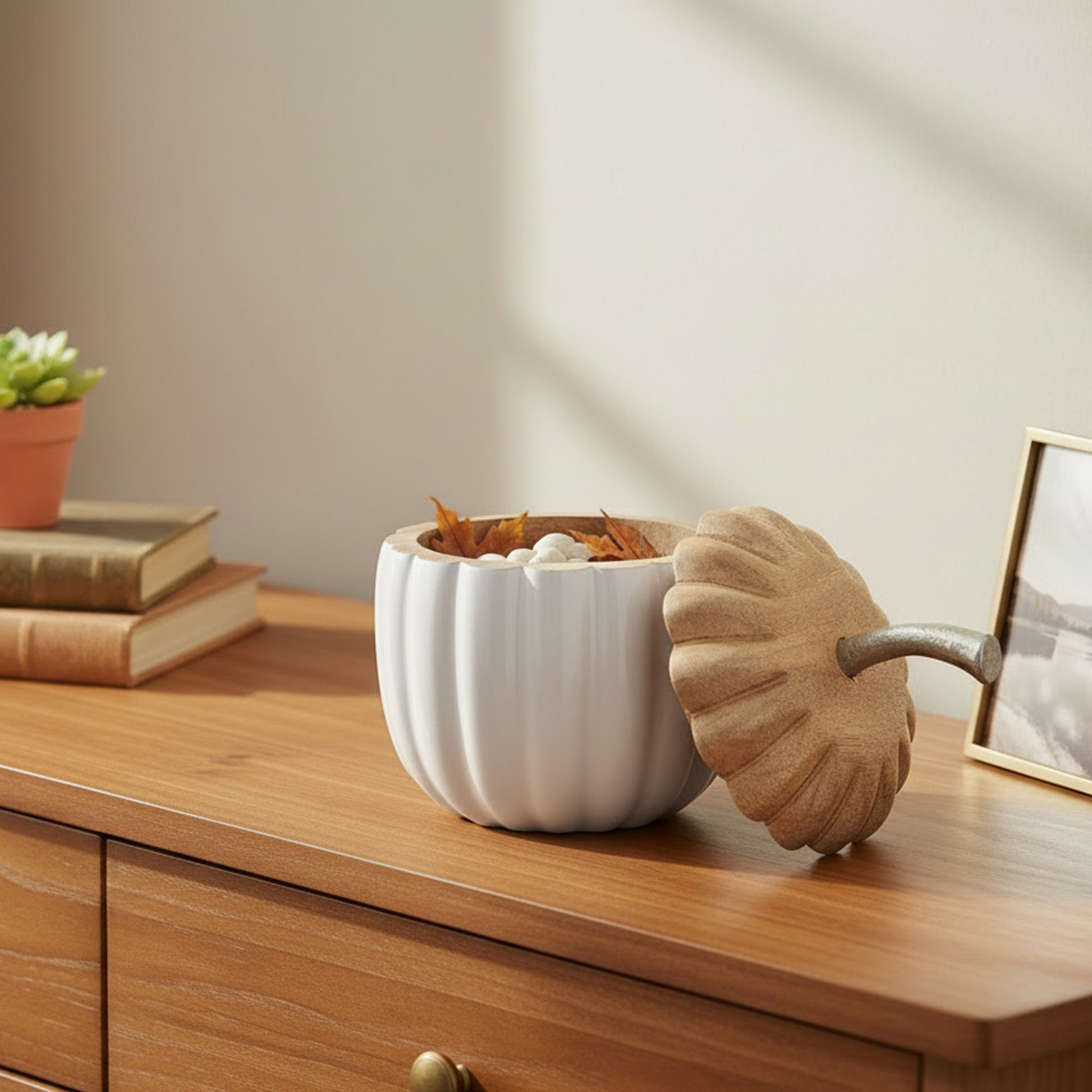 Wooden Metal Pumpkin Decor with Lid White Large, Fall Harvest, Holiday Decor
