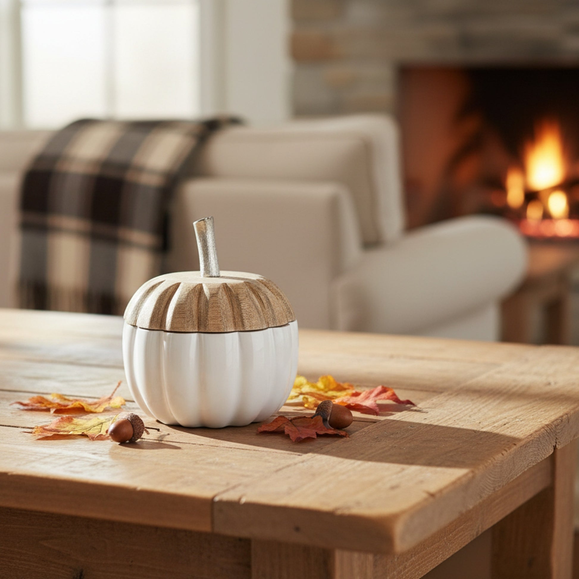 Wooden Metal Pumpkin Decor with Lid White Small, Fall Harvest, Holiday Decor