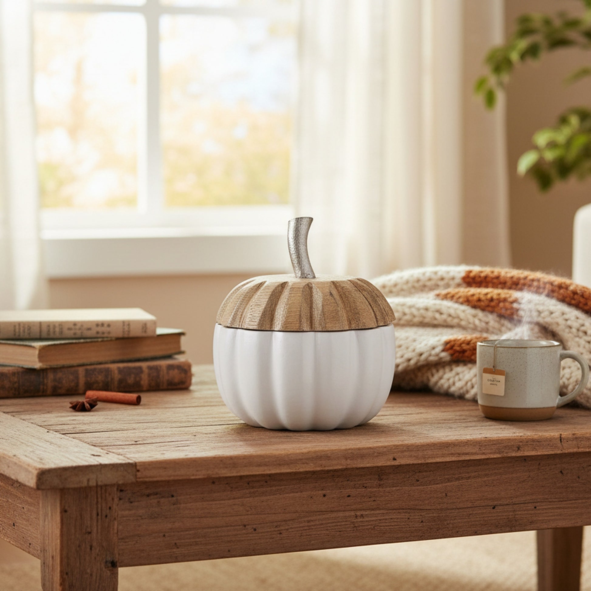 Wooden Metal Pumpkin Decor with Lid White Small, Fall Harvest, Holiday Decor