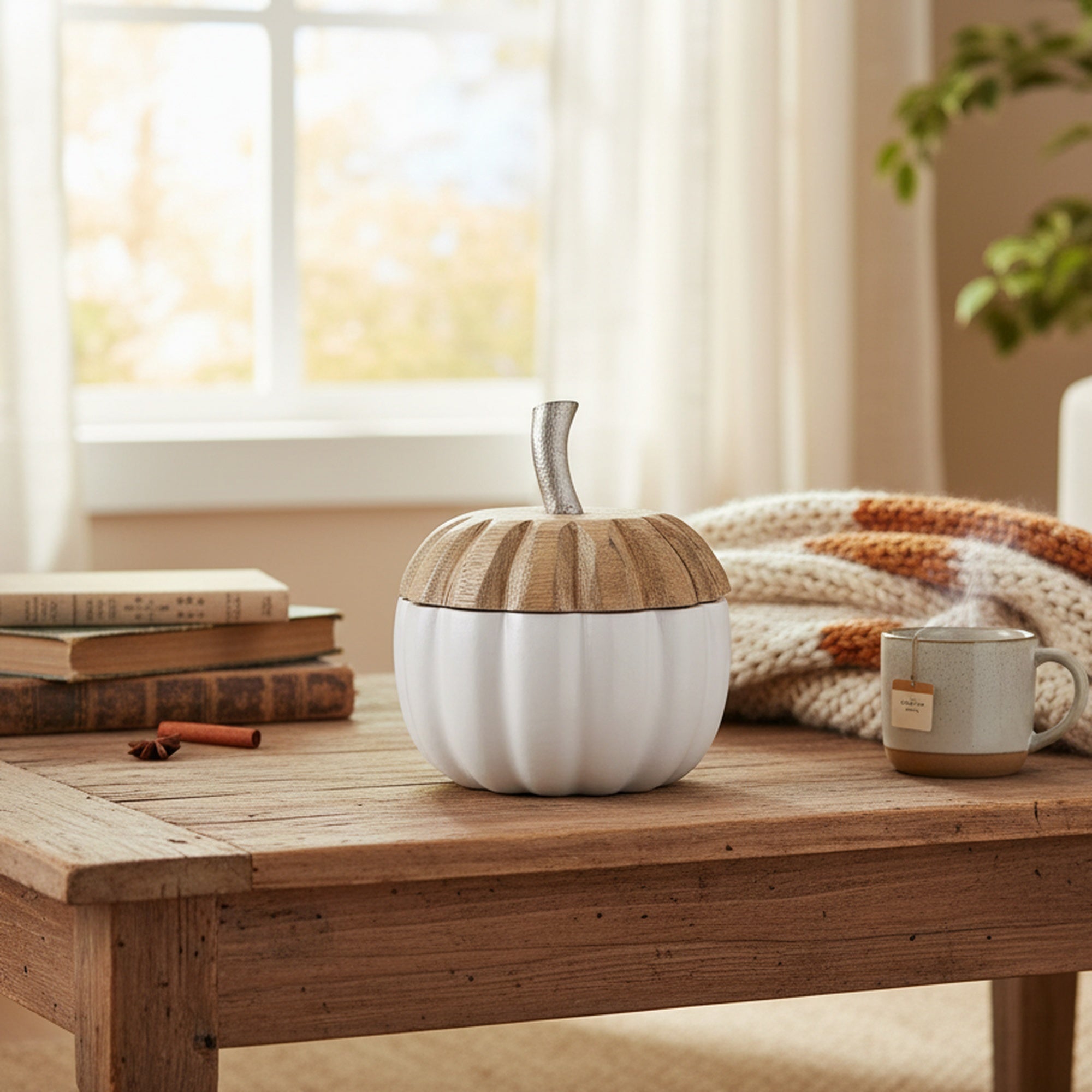 Wooden Metal Pumpkin Decor with Lid White Small, Fall Harvest, Holiday Decor