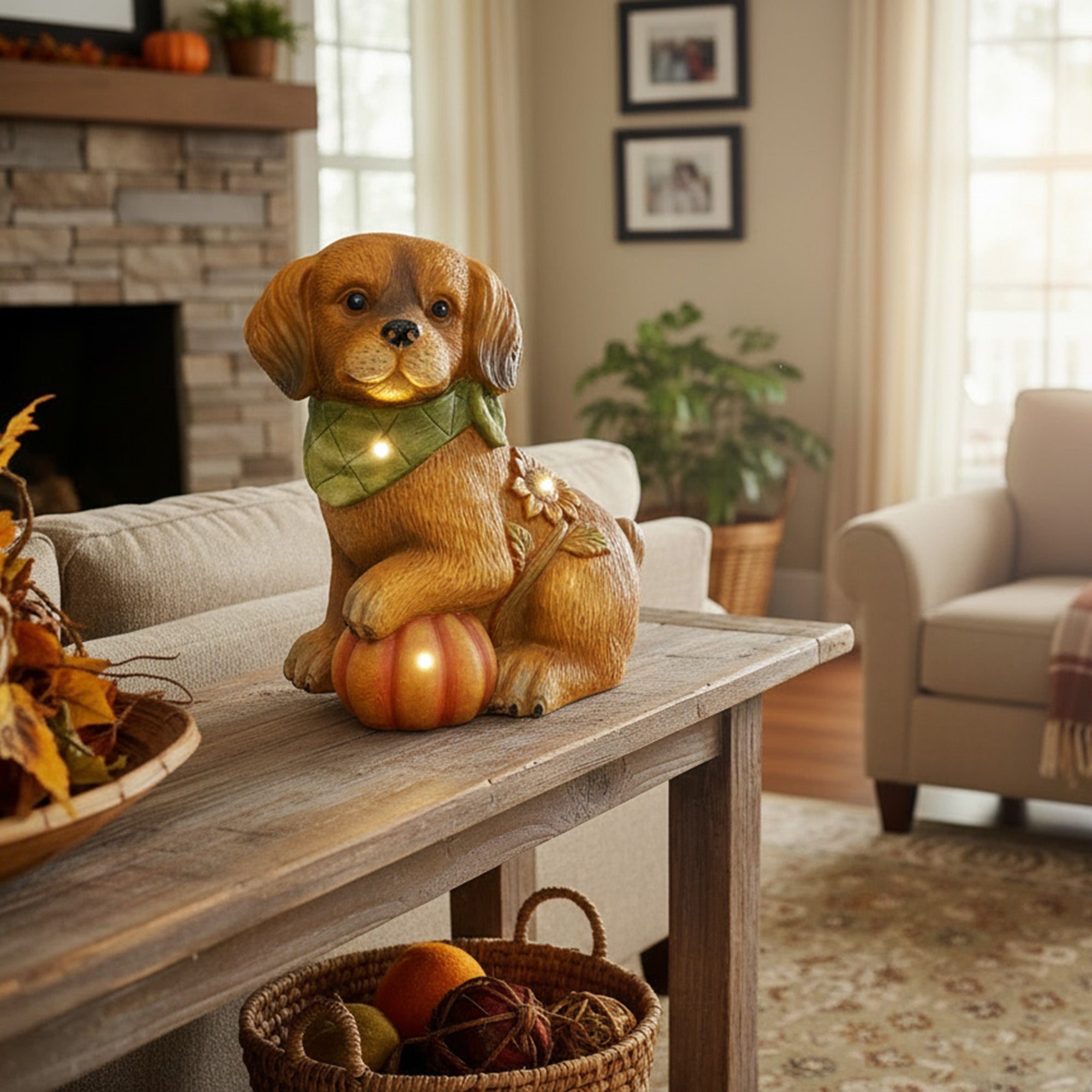 LED Magnesia Dog Pouncing on Pumpkin, Fall Harvest, Holiday Decor