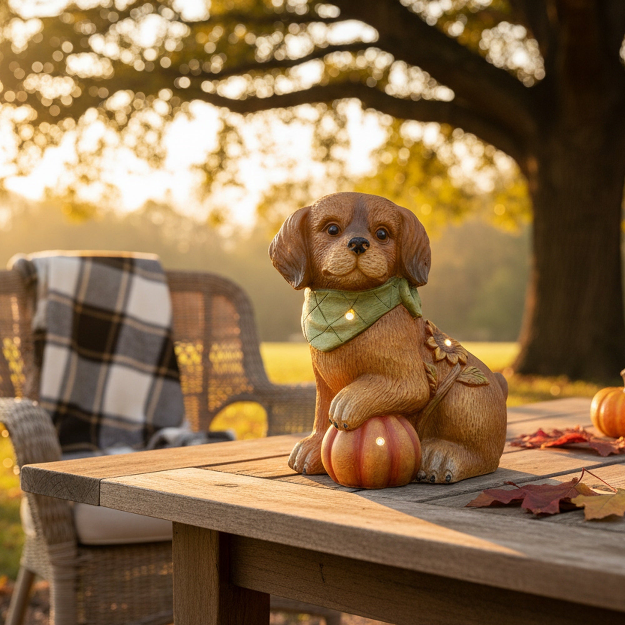 LED Magnesia Dog Pouncing on Pumpkin, Fall Harvest, Holiday Decor
