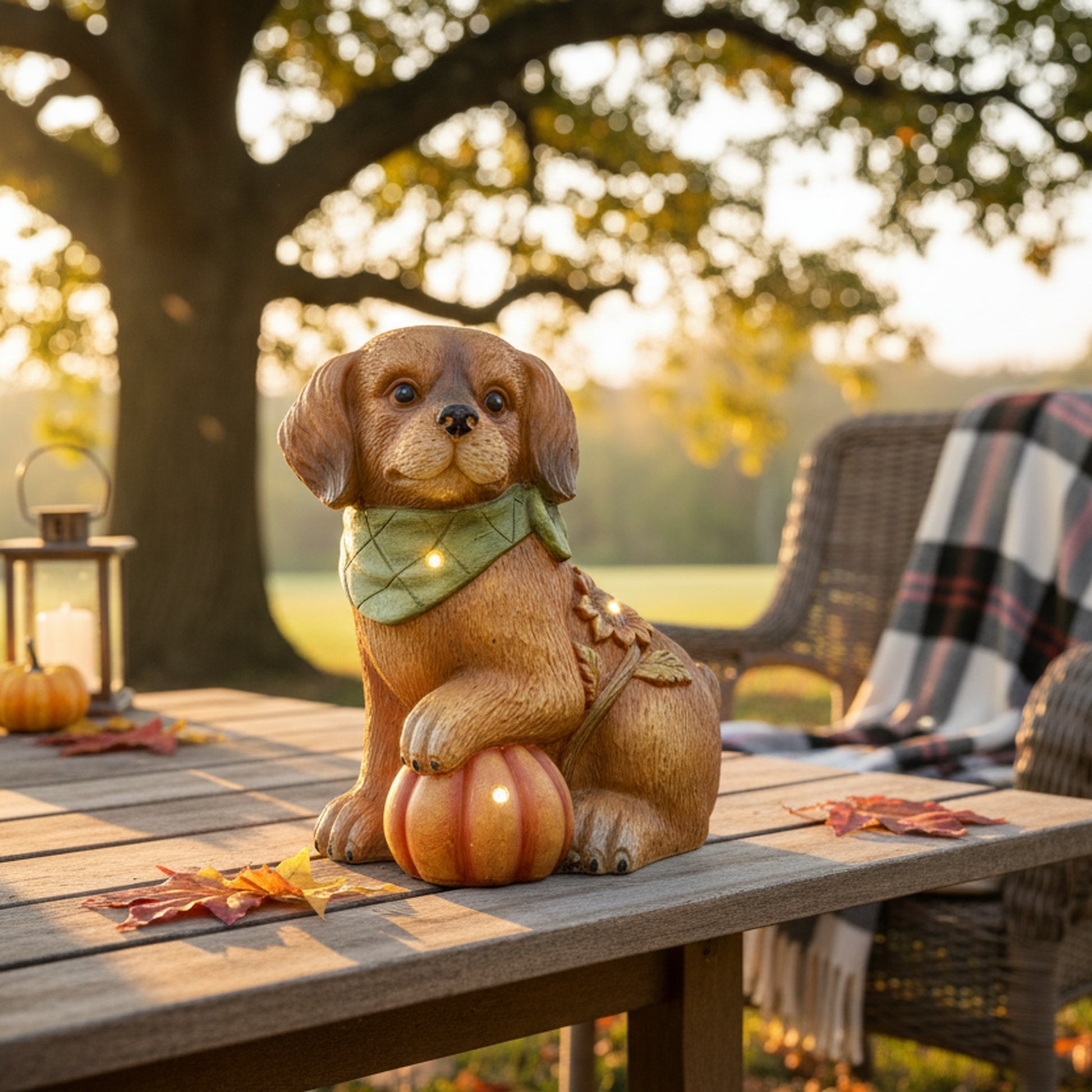 LED Magnesia Dog Pouncing on Pumpkin, Fall Harvest, Holiday Decor