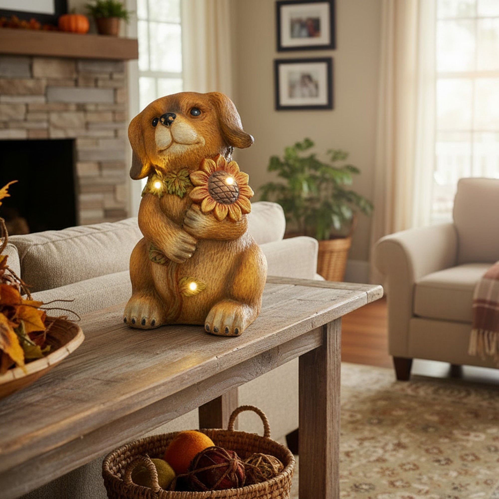 LED Magnesia Dog Holding Sunflower, Holiday Decor