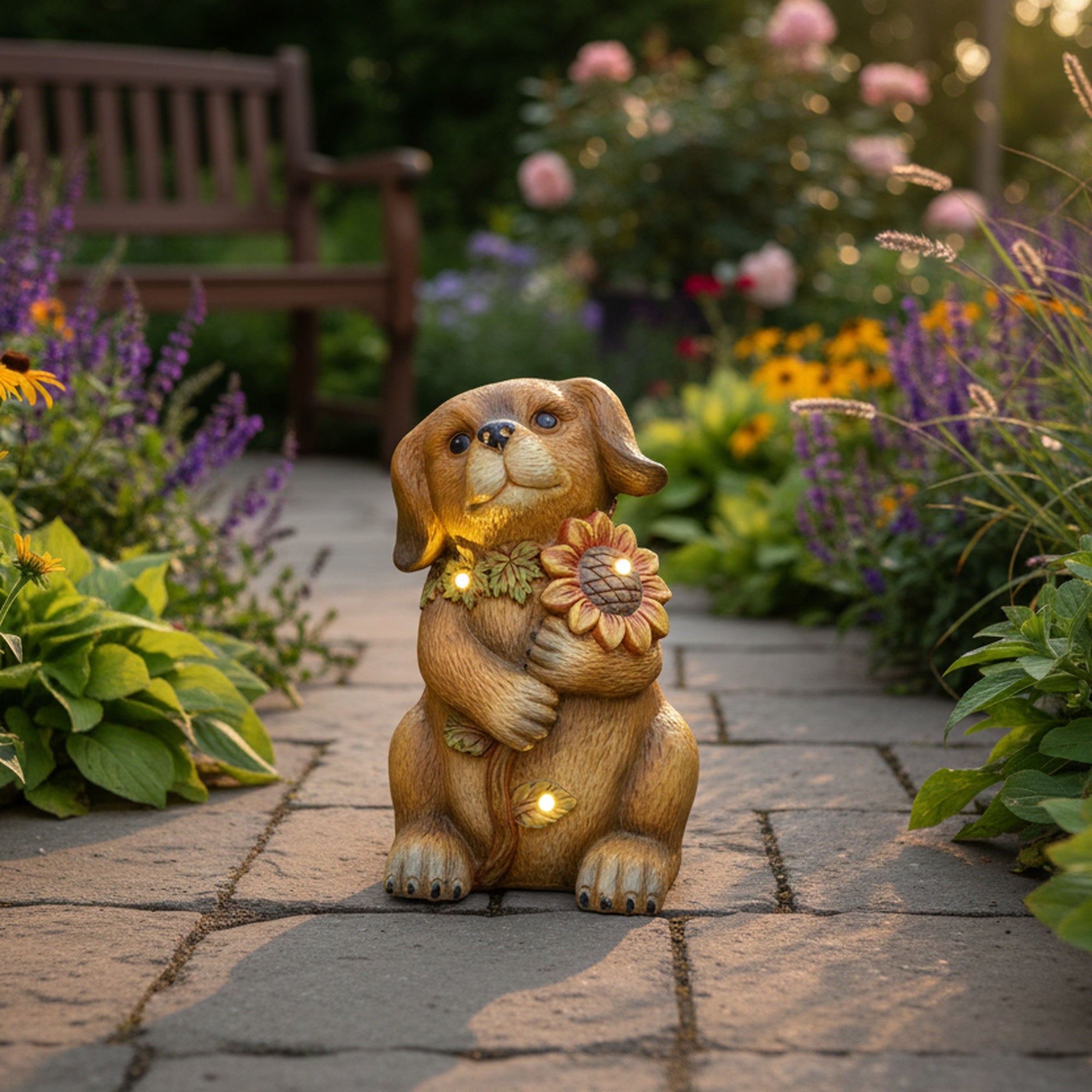LED Magnesia Dog Holding Sunflower, Holiday Decor