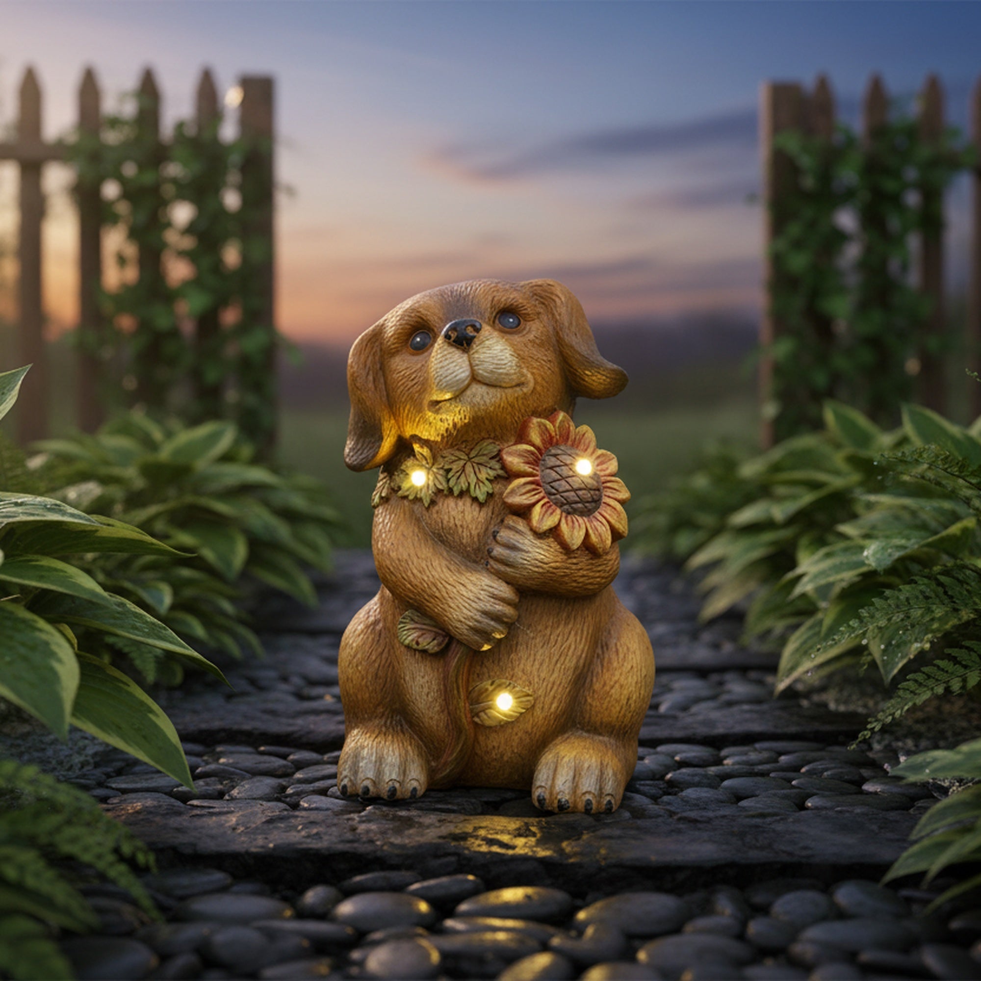 LED Magnesia Dog Holding Sunflower, Holiday Decor
