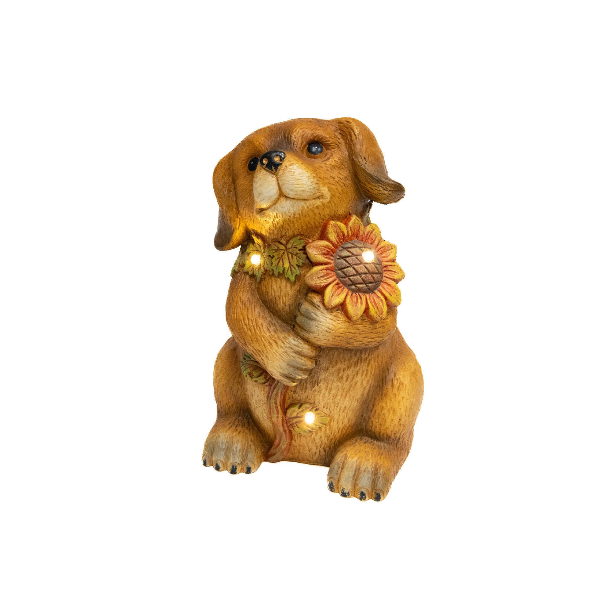 LED Magnesia Dog Holding Sunflower, Holiday Decor
