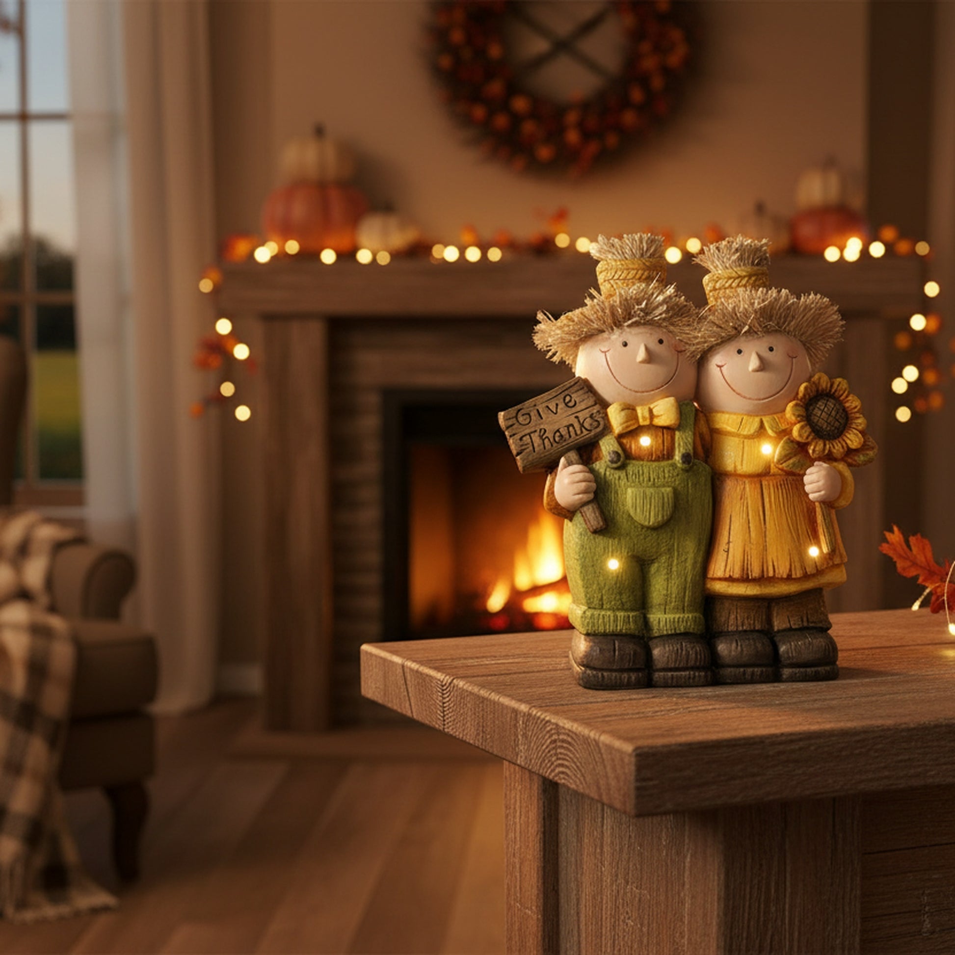 LED Magnesia Farmer Couple Give Thanks, Fall Harvest, Holiday Decor