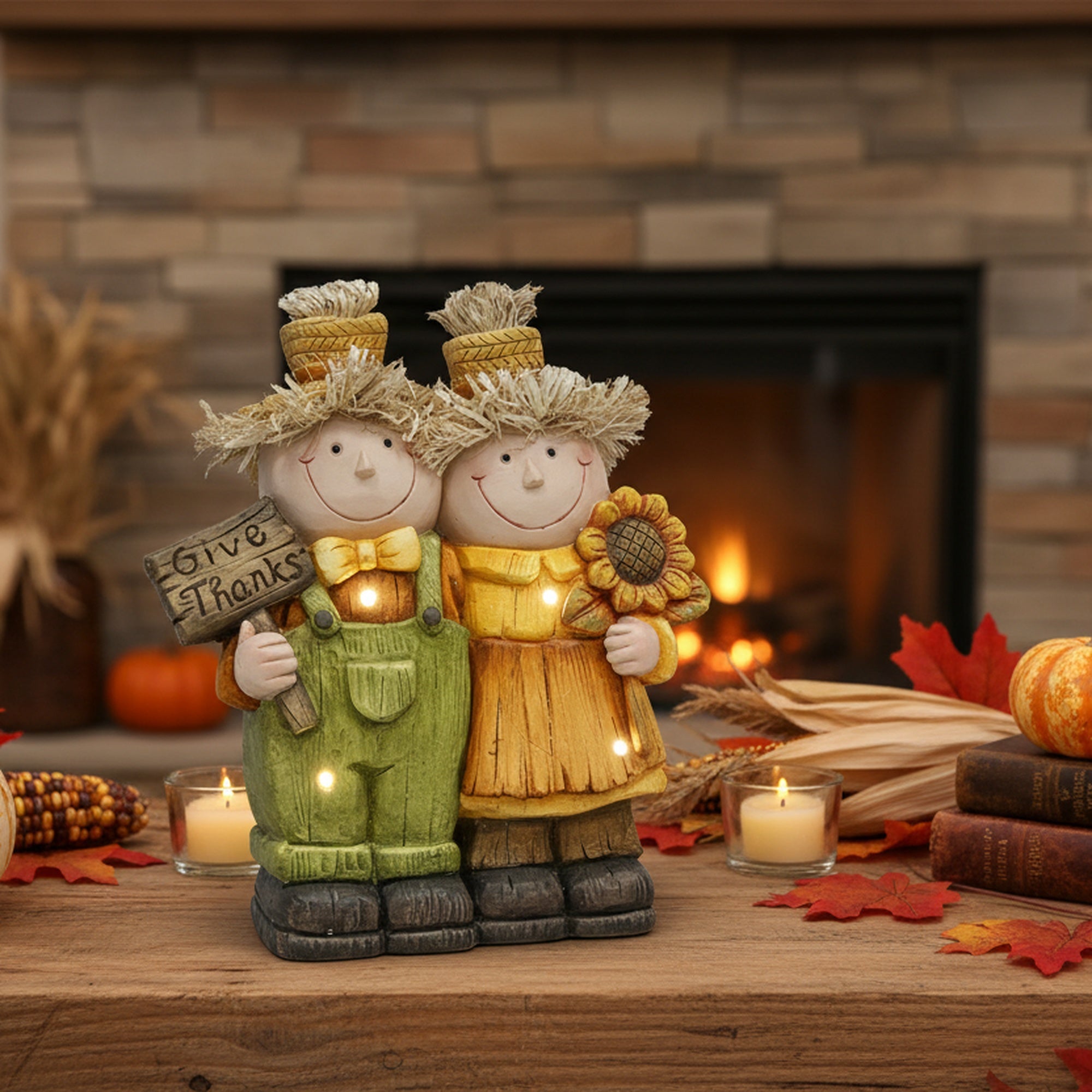 LED Magnesia Farmer Couple Give Thanks, Fall Harvest, Holiday Decor